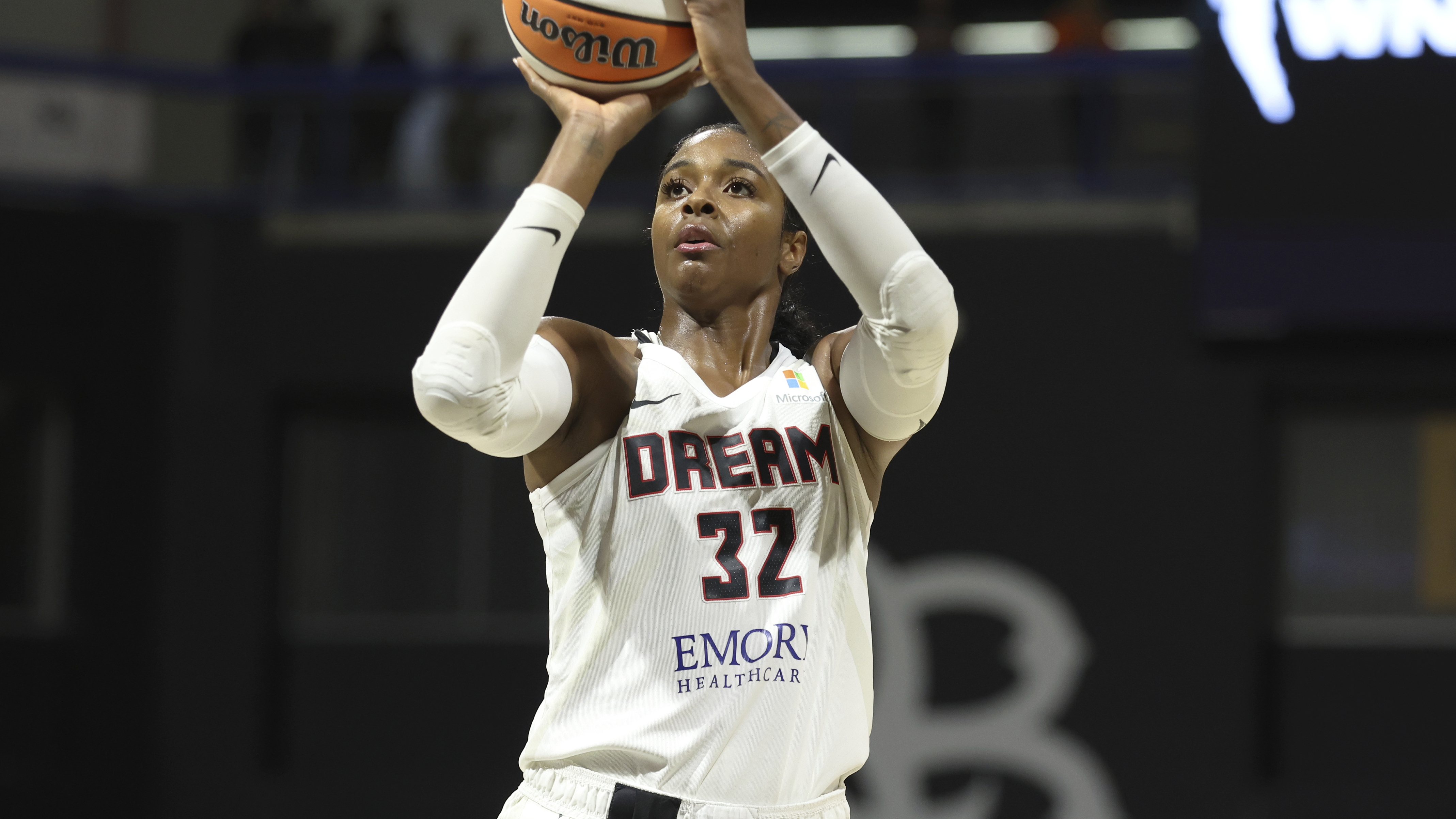 FILE - Atlanta Dream forward Cheyenne Parker-Tyus shoots a free-throw against the Los Angeles Sparks during a WNBA basketball game, in Long Beach, Calif., May 15, 2024.