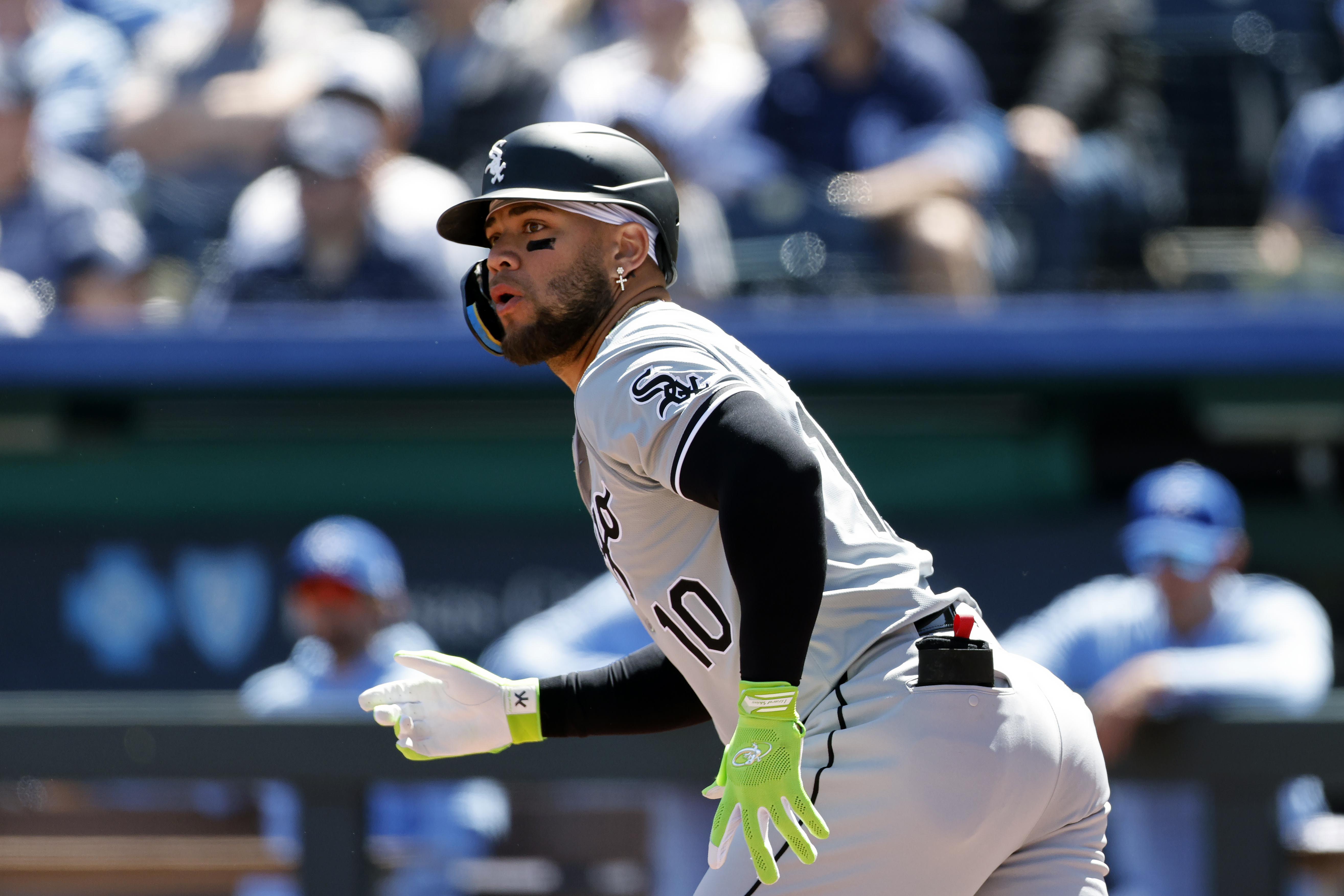 FILE - Chicago White Sox' Yoán Moncada watches his hit to left field for a triple during the first inning of a baseball game against the Kansas City Royals in Kansas City, Mo., April 7, 2024.
