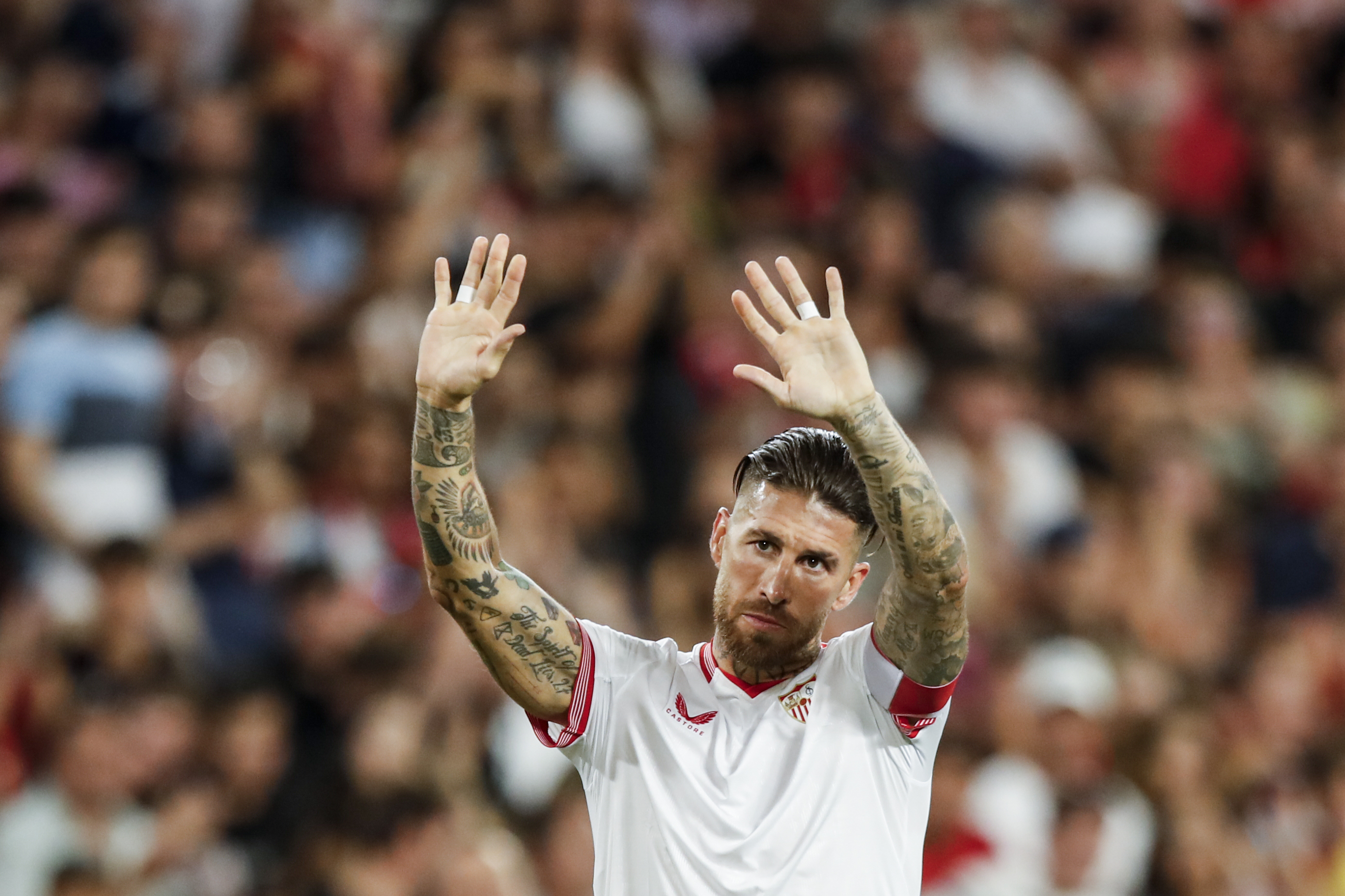 FILE - Sevilla's Sergio Ramos gestures during a Spanish La Liga soccer match between Sevilla and FC Barcelona at the Ramon Sanchez Pizjuan stadium in Seville, Spain, May 26, 2024.