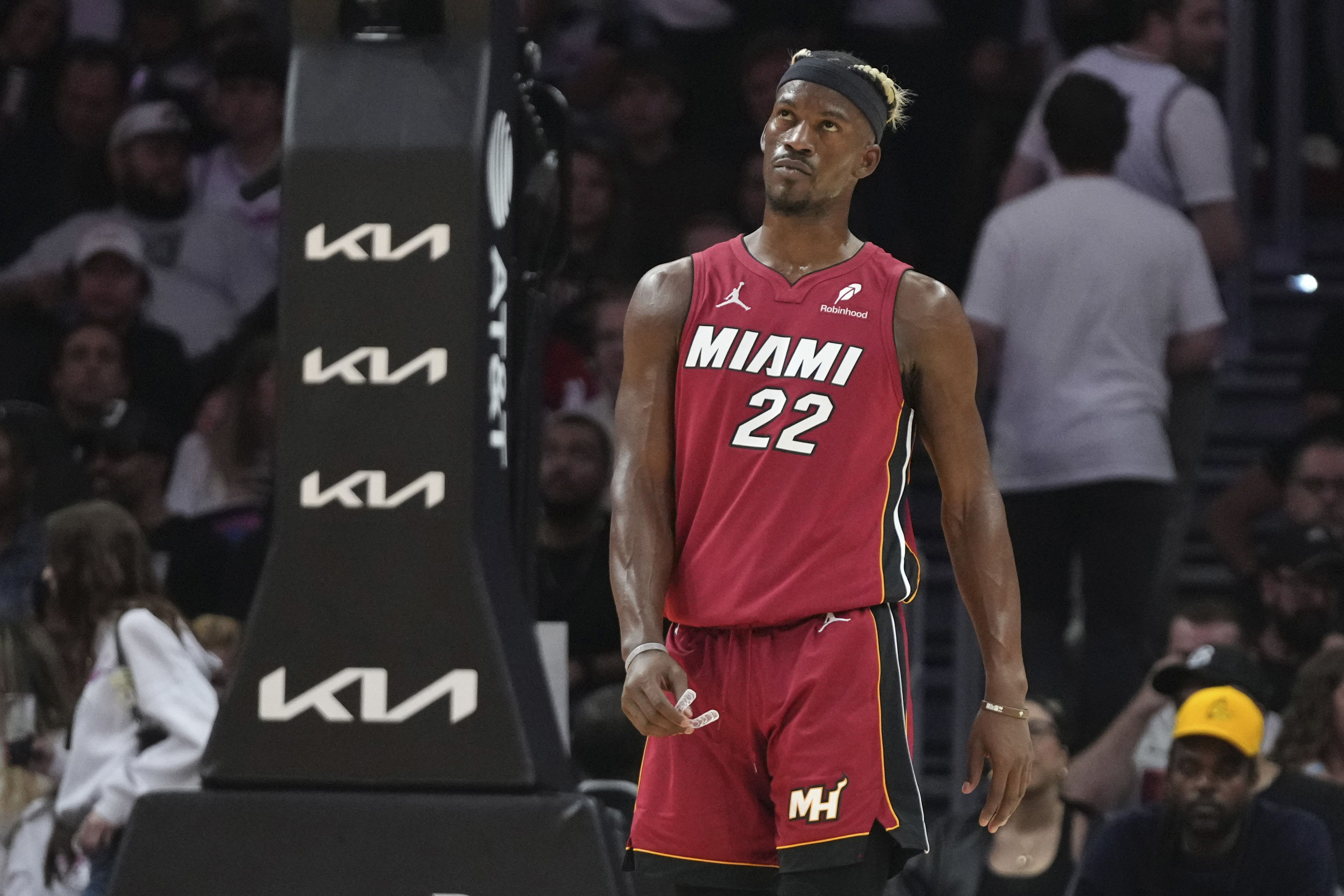 FILE - Miami Heat forward Jimmy Butler (22) stands on the court during the second half of an NBA basketball game against the Portland Trail Blazers, Tuesday, Jan. 21, 2025, in Miami.