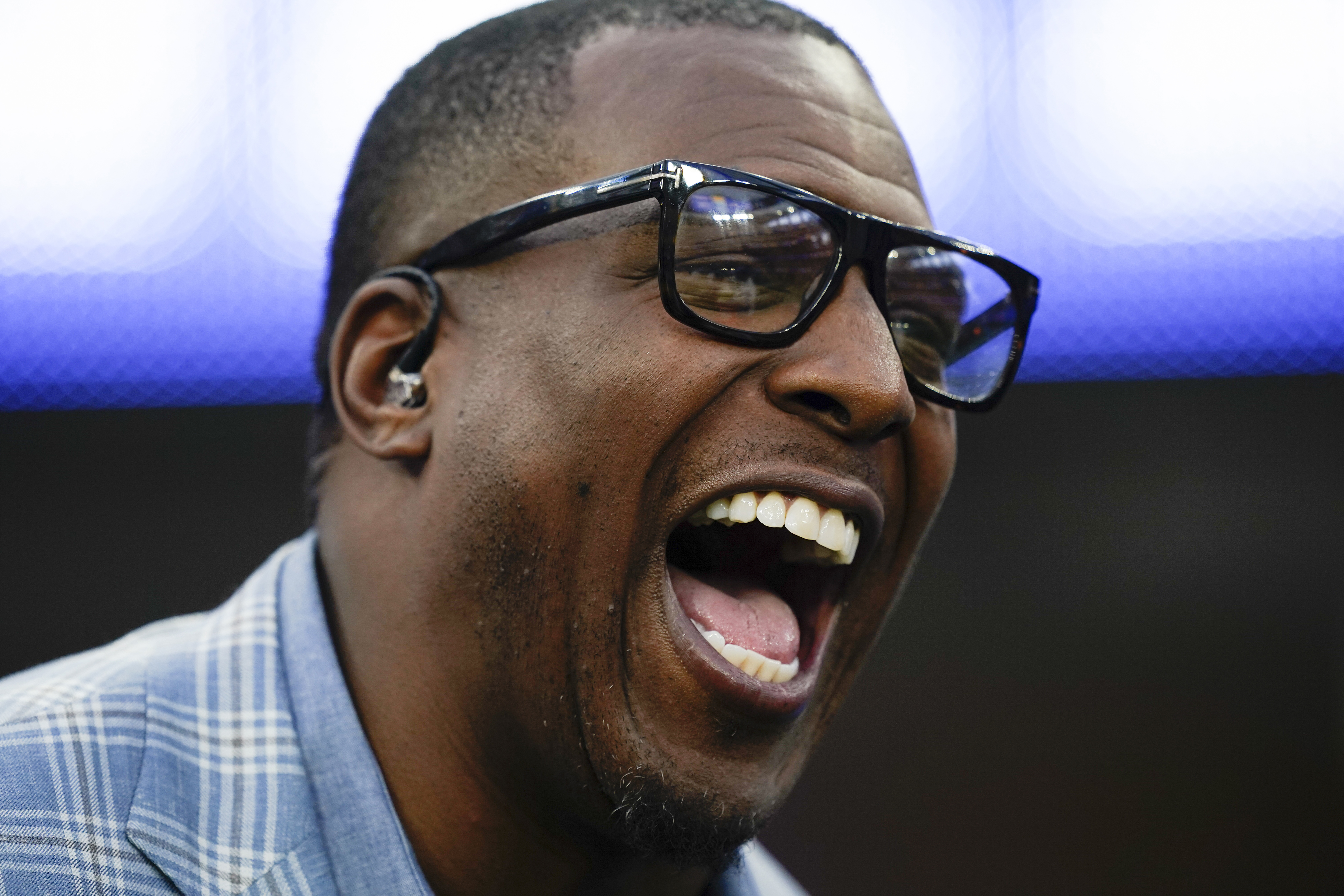 FILE - Former Los Angeles Chargers tight end Antonio Gates speaks as he is inducted into the Chargers Hall of Fame during halftime in an NFL football game between the Chargers and the Denver Broncos, on Dec. 10, 2023, in Inglewood, Calif.