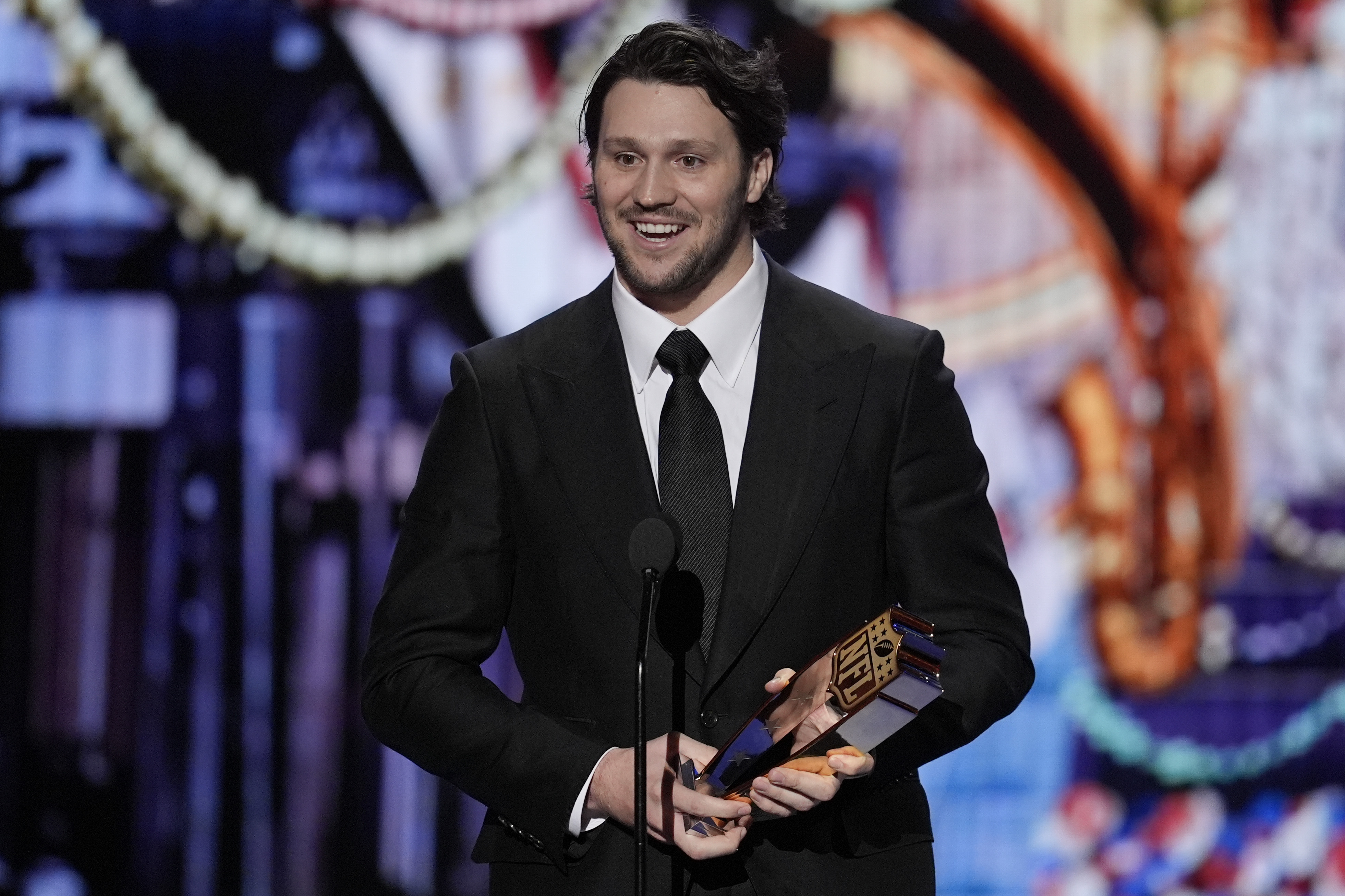 Buffalo Bills' Josh Allen, AP Most valuable player speaks during the NFL Honors award show ahead of the Super Bowl 59 football game, Thursday, Feb. 6, 2025, in New Orleans.