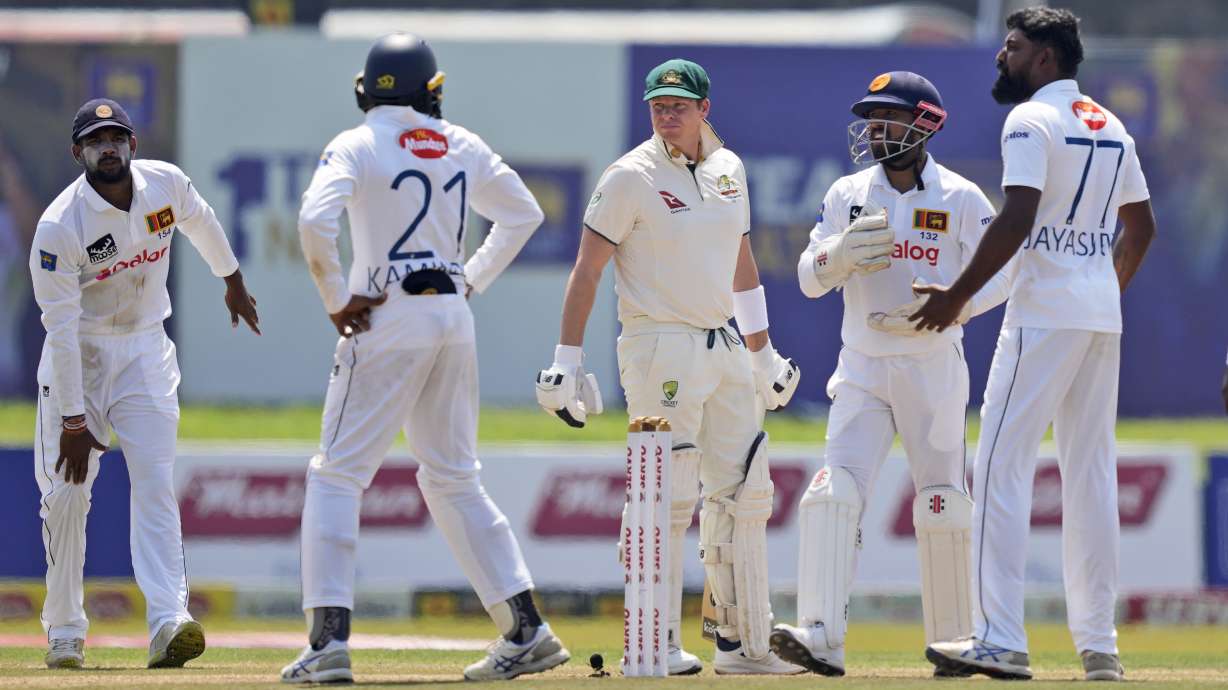Sri Lanka's Prabath Jayasuriya, right, and others appeal for the wicket of Australia's Steven Smith during day two of the second test cricket match between Sri Lanka and Australia in Galle , Sri Lanka, Friday, Feb. 7, 2025.