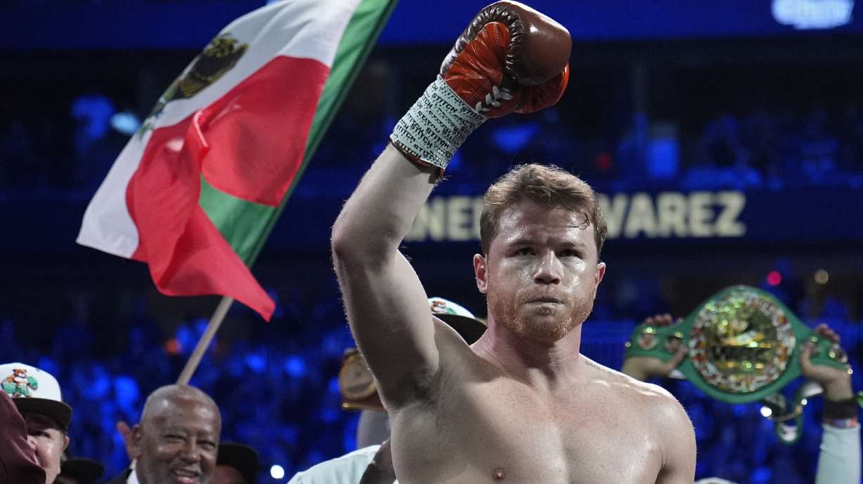 FILE - Canelo Alvarez reacts before fighting Edgar Berlanga in a super middleweight title bout on Sept. 14, 2024, in Las Vegas.