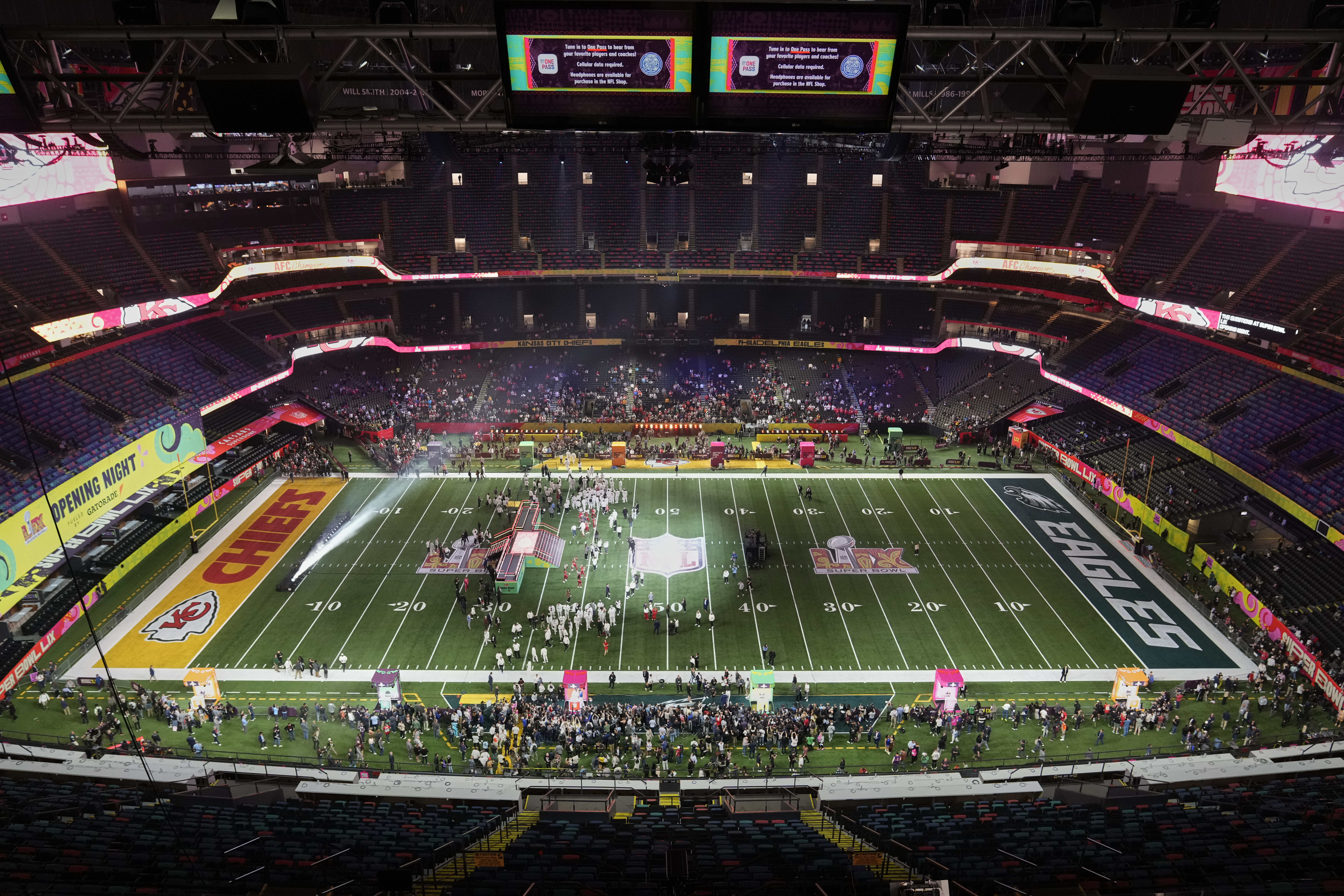 The Kansas City Chiefs participate during Super Bowl 59 Opening Night, Monday, Feb. 3, 2025, in New Orleans, ahead of the NFL football game between the Philadelphia Eagles and the Kansas City Chiefs Sunday.