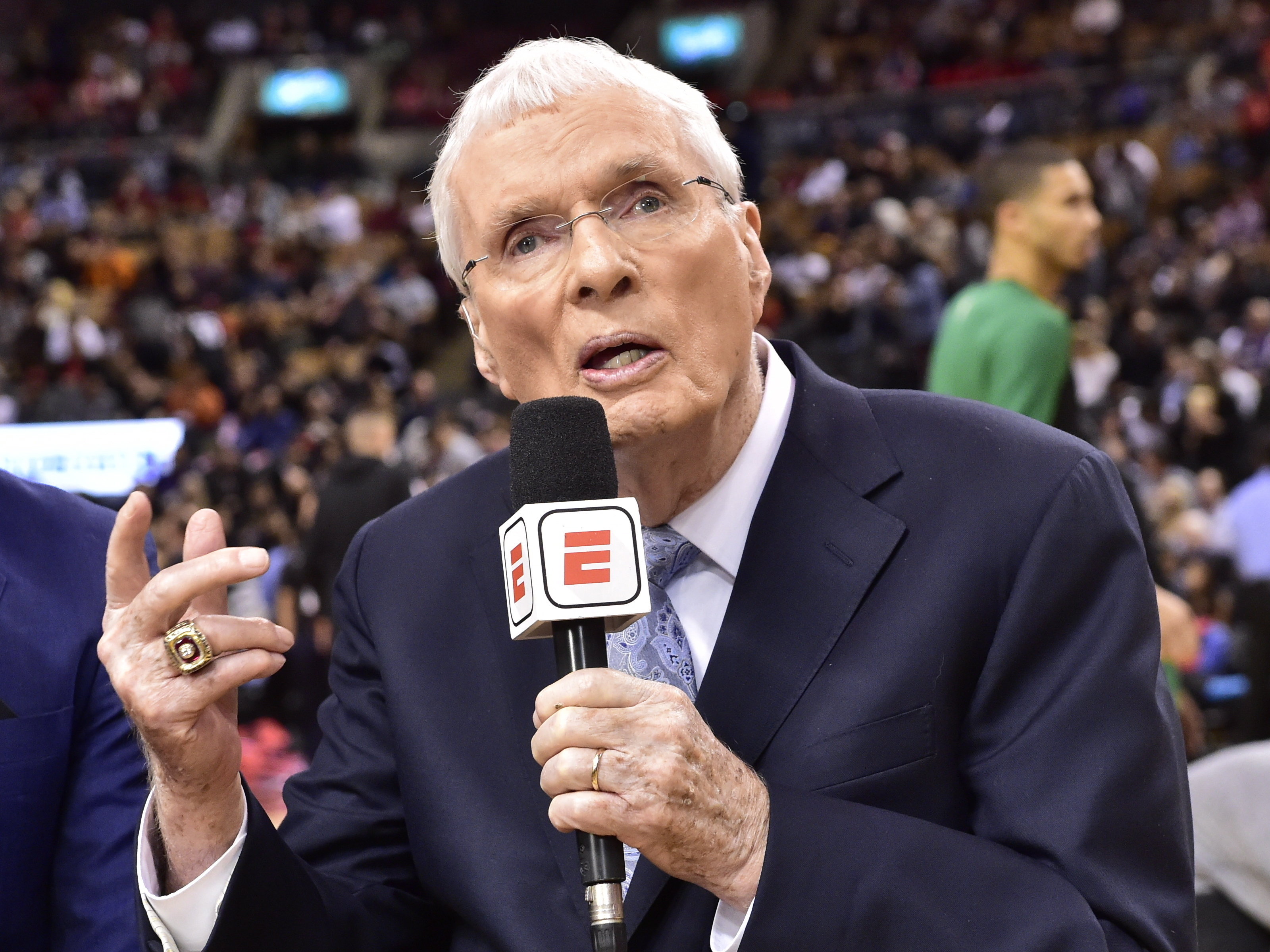 FILE - Hubie Brown makes his debut as ESPN commentator before NBA basketball game action as the Toronto Raptors face the Boston Celtics in Toronto, Oct. 19, 2018.