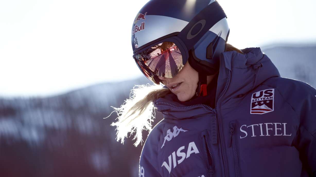 United States' Lindsey Vonn ahead of an alpine ski, women's World Championship downhill training, in Saalbach-Hinterglemm, Austria, Tuesday, Feb. 4, 2025.