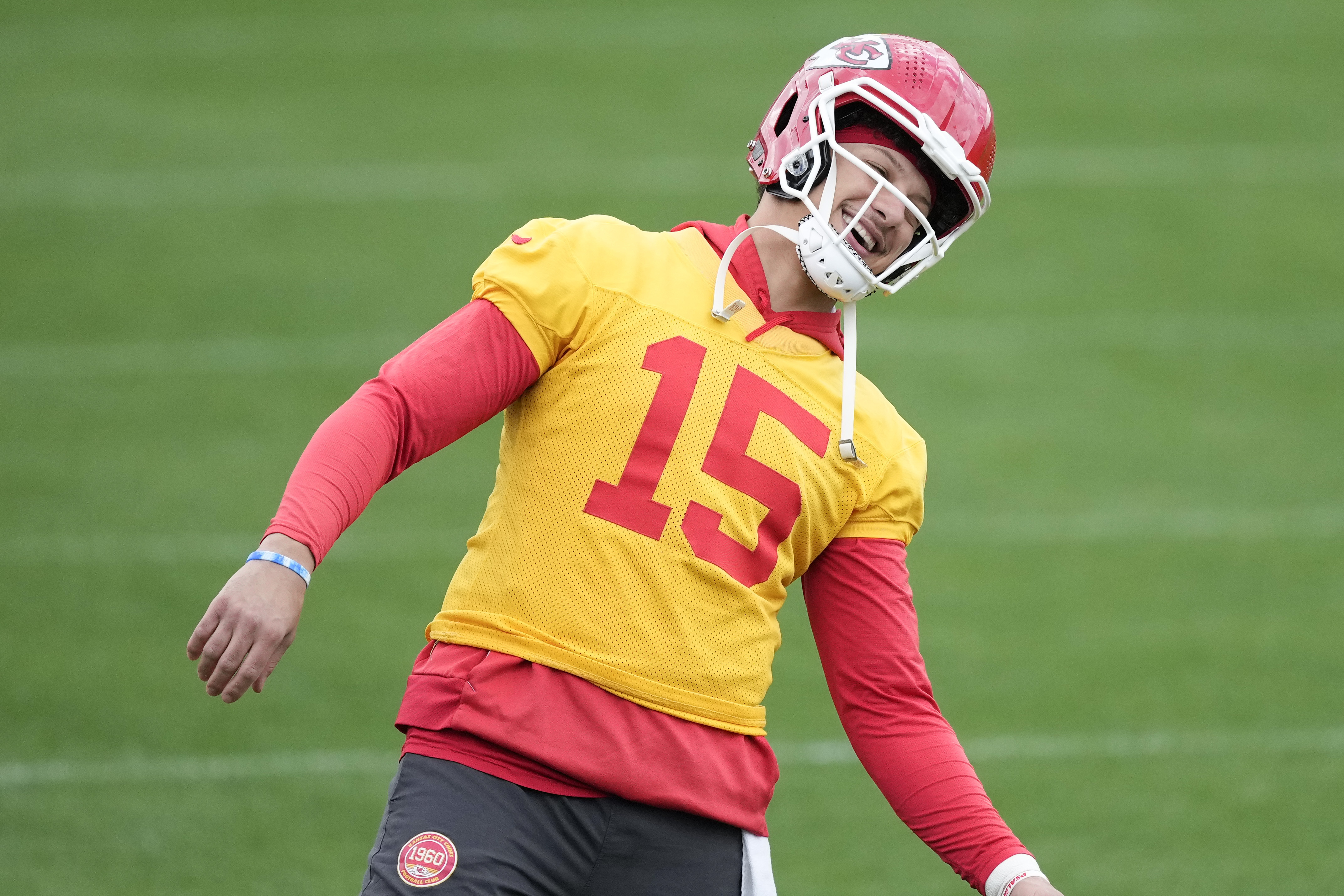 Kansas City Chiefs quarterback Patrick Mahomes (15) stretches during an NFL football practice Thursday, Feb. 6, 2025, in New Orleans, ahead of Super Bowl 59 against the Philadelphia Eagles.
