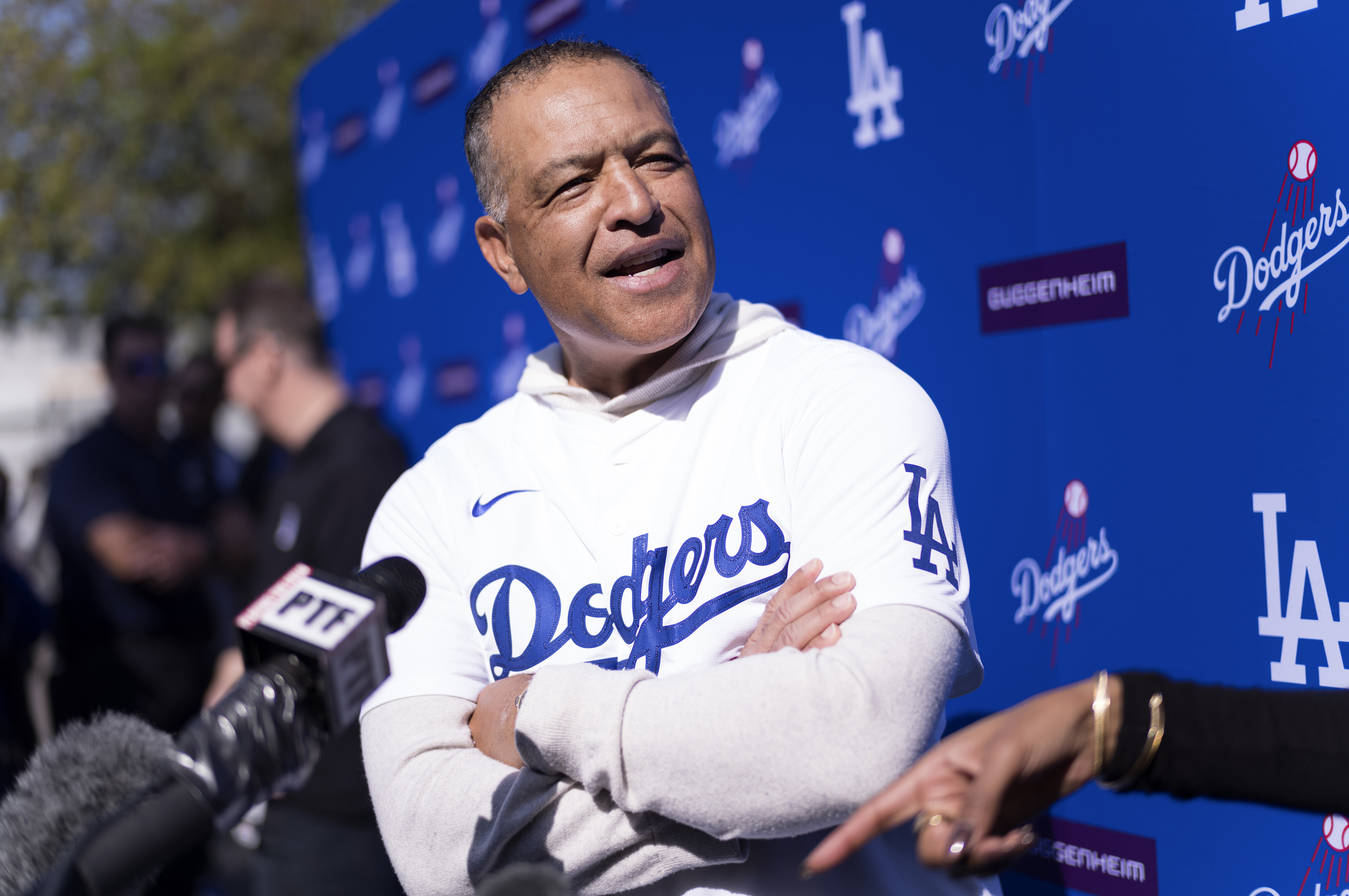 Los Angeles Dodgers baseball manager Dave Roberts talks to the media during an interview at the DodgerFest event at Dodger Stadium, Saturday, Feb. 1, 2025 in Los Angeles.