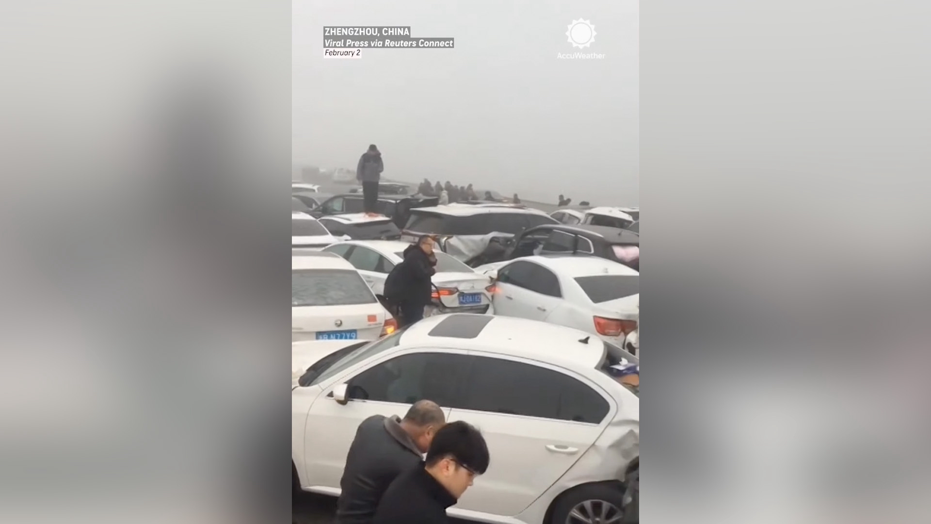 The photo shows the aftermath of a pileup of around 100 cars on a bridge in China on Feb. 1. Foggy conditions led to the pileup.