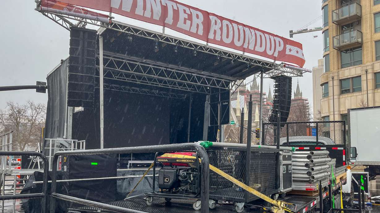 A stage is set up on West Temple Friday for the Salt Lake Winter Roundup in Salt Lake City. The free event will take place downtown on Saturday.