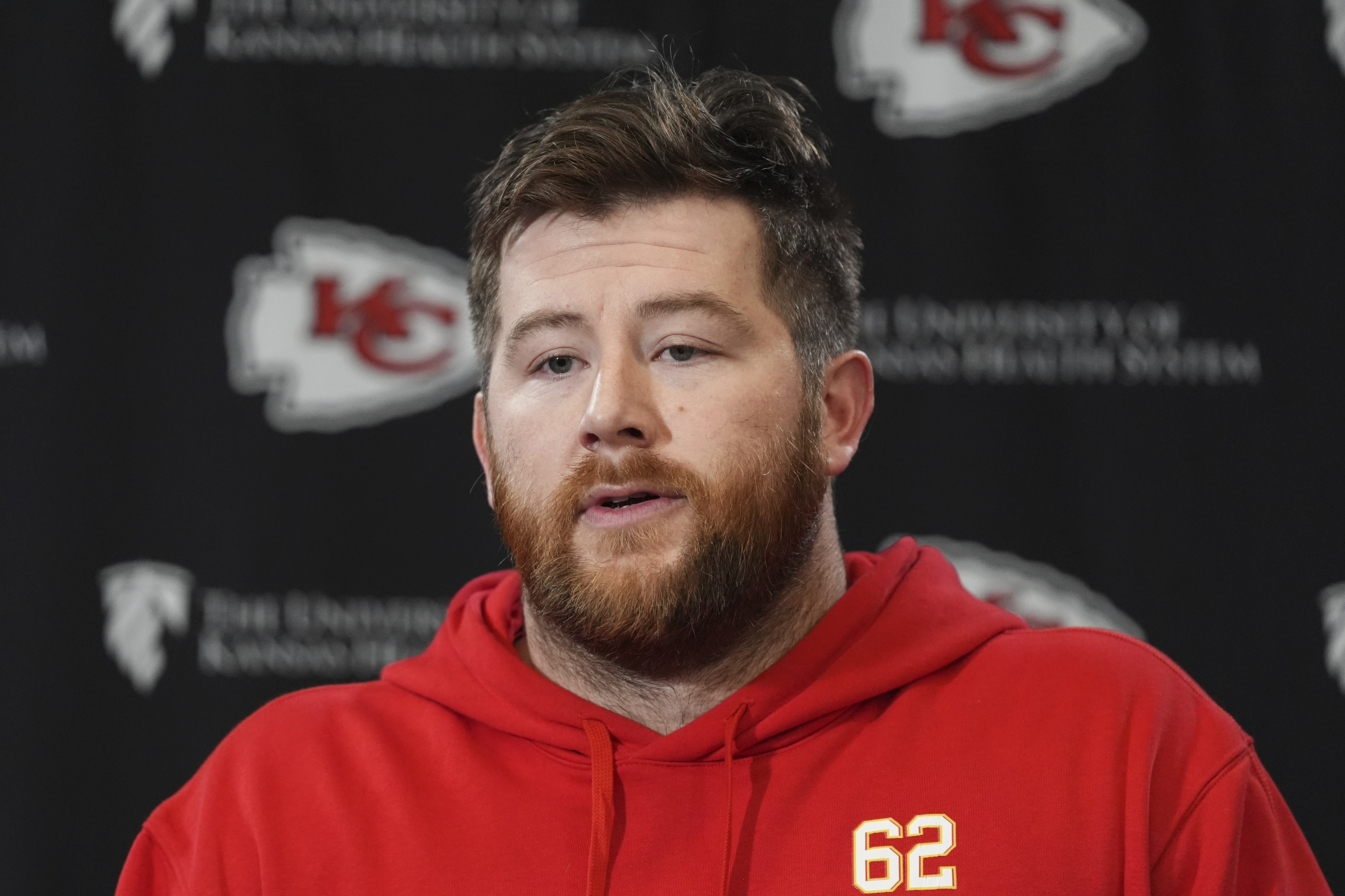Kansas City Chiefs guard Joe Thuney addresses the media before the team's NFL football practice Thursday, Jan. 23, 2025, in Kansas City, Mo.