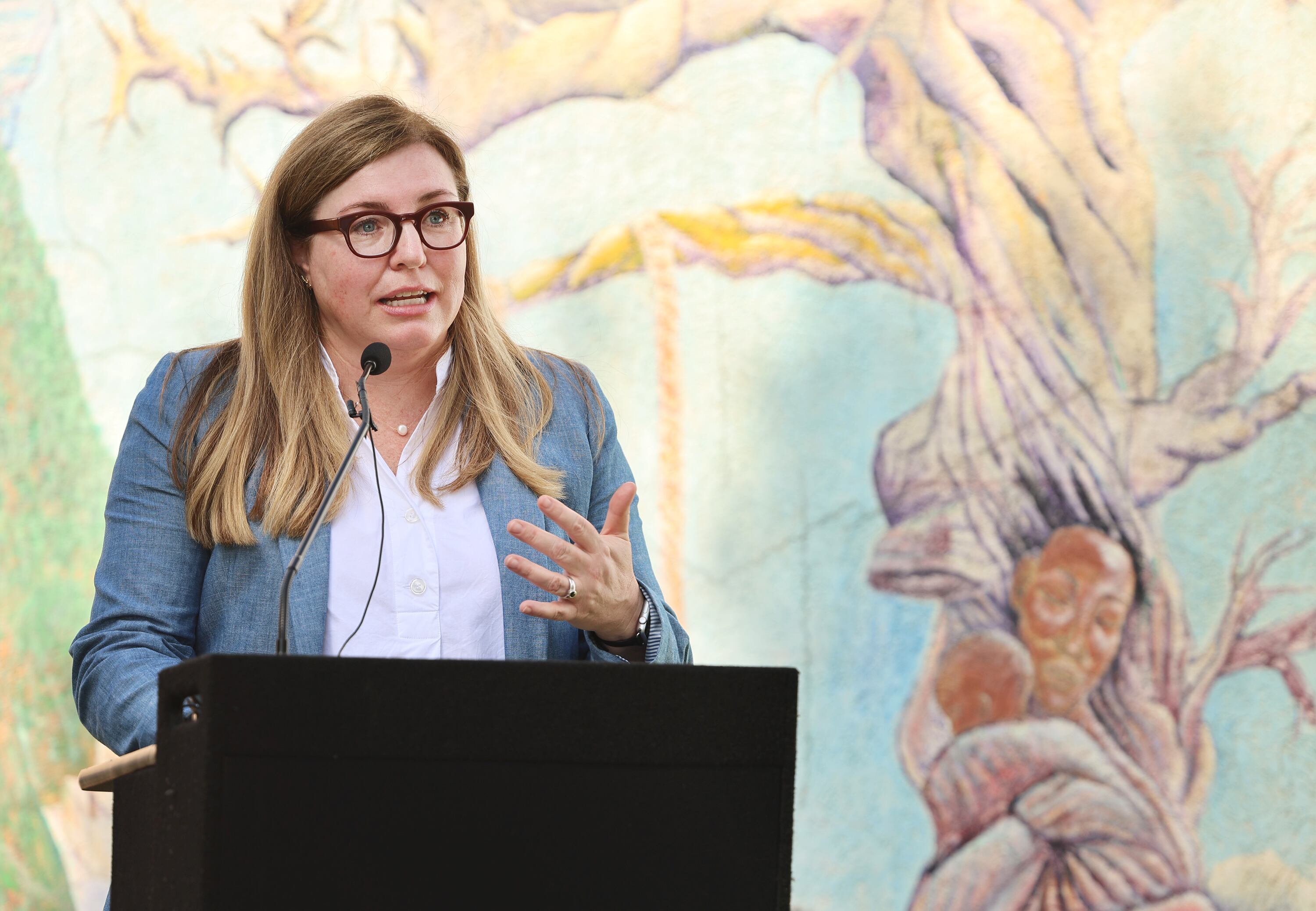 Utah Department of Environmental Quality Director Kim Shelley speaks at an event at NeighborWorks on the West Side of Salt Lake City on July 25, 2023. Shelley is leaving her position. 