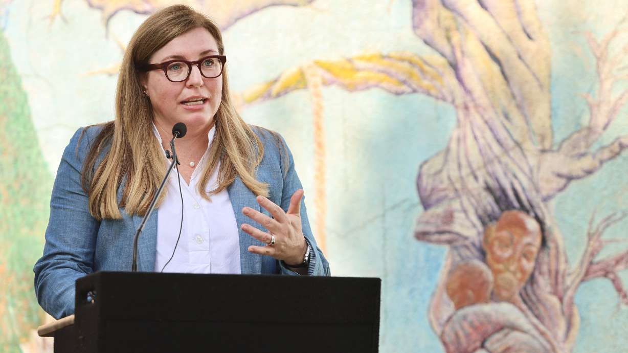 Utah Department of Environmental Quality Director Kim Shelley speaks at an event at NeighborWorks on the West Side of Salt Lake City on July 25, 2023. Shelley is leaving her position.