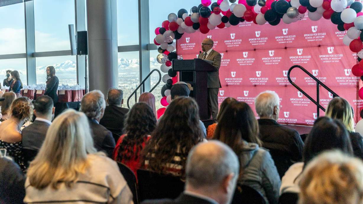 Associate Dean Adam Stevenson addresses students at the University of Utah School of Medicine, at the University of Utah Rice-Eccles Stadium in Salt Lake City on March 15, 2024.