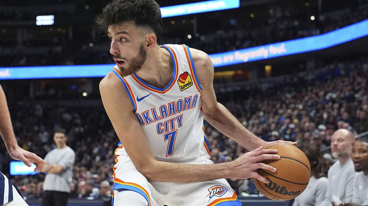 FILE - Oklahoma City Thunder forward Chet Holmgren (7) plays in the second half of an NBA basketball game Nov. 6, 2024, in Denver.