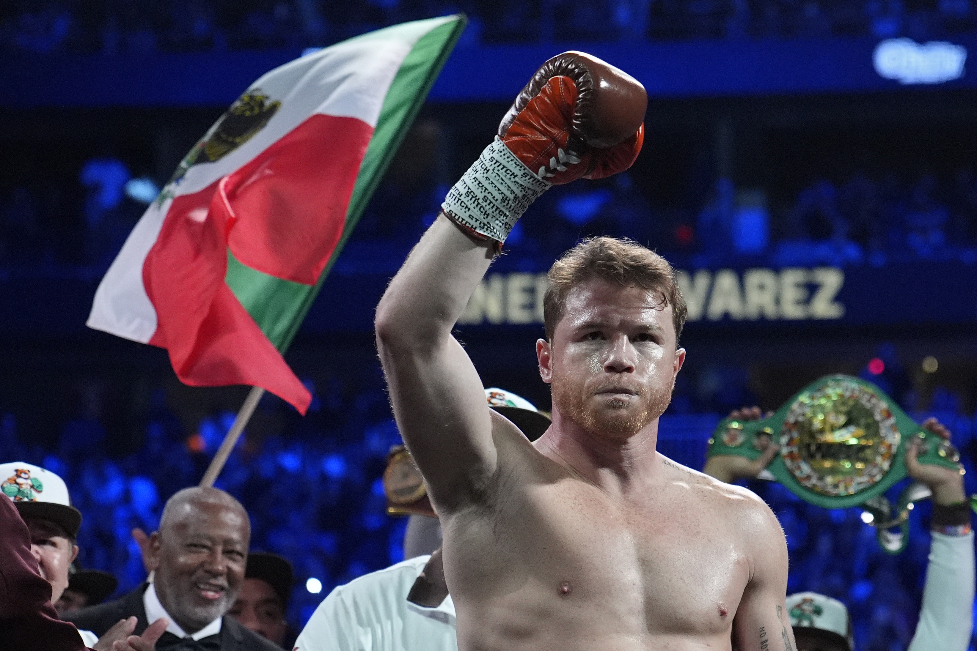FILE - Canelo Alvarez reacts before fighting Edgar Berlanga in a super middleweight title bout on Sept. 14, 2024, in Las Vegas. 