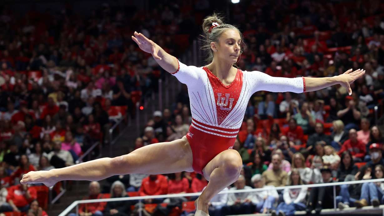 Utah’s Grace McCallum competes on the beam during a gymnastics meet against Arizona at the Huntsman Center in Salt Lake City on Friday, Feb. 7, 2025. Utah won.