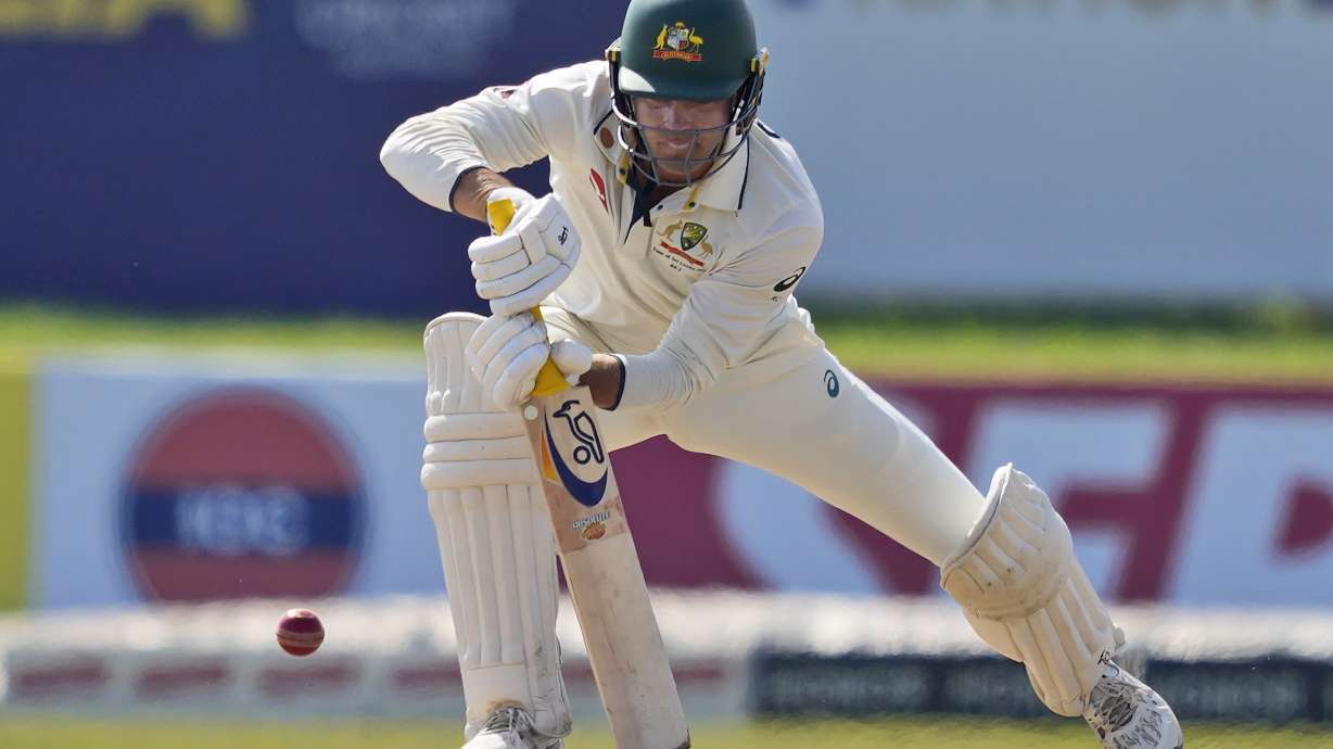 Australia's Alex Carey plays a shot during day three of the second test cricket match between Sri Lanka and Australia in Galle, Sri Lanka, Saturday, Feb. 8, 2025.