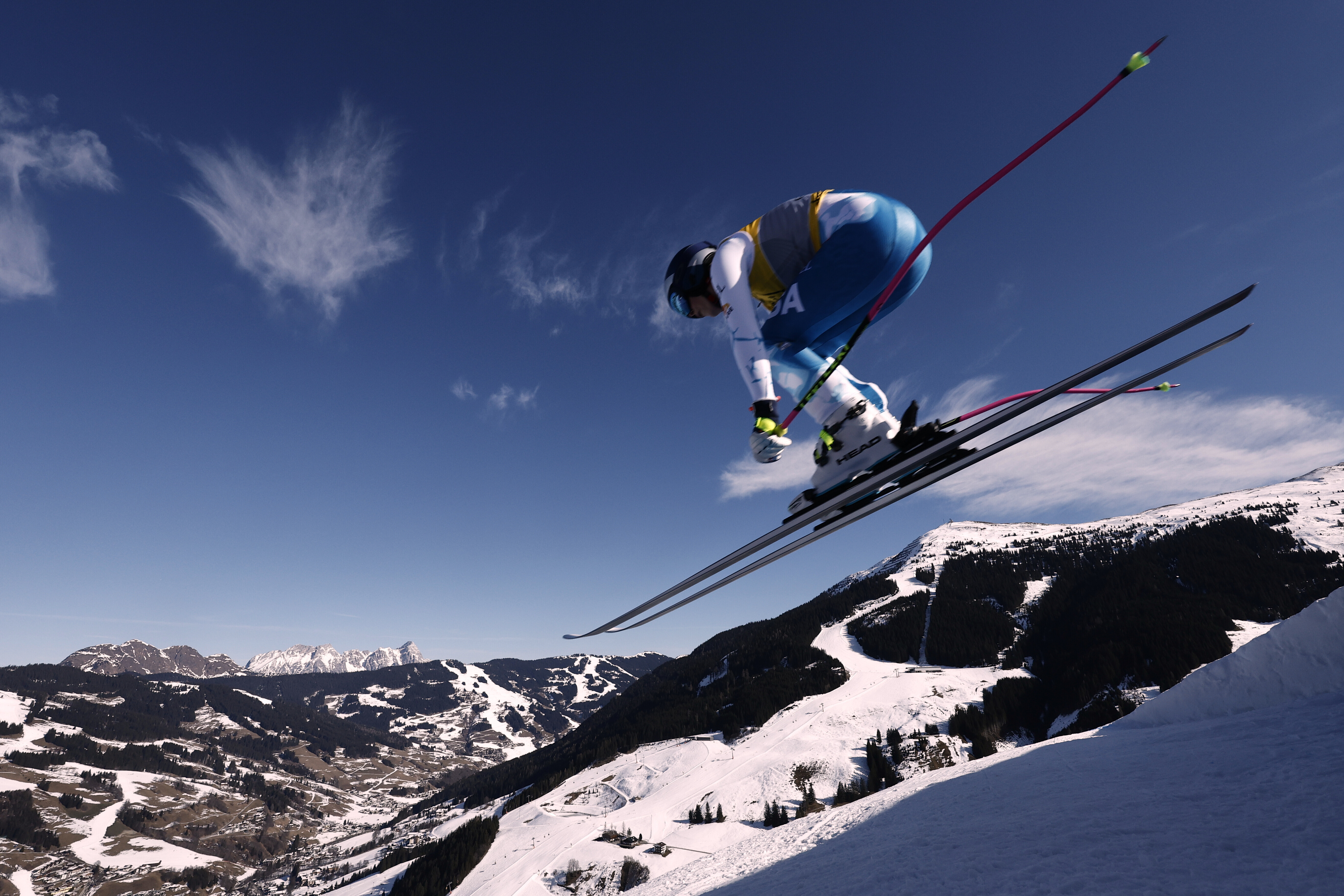 United States' Lindsey Vonn is airborne during a women's downhill race, at the Alpine Ski World Championships, in Saalbach-Hinterglemm, Austria, Saturday, Feb. 8, 2025.