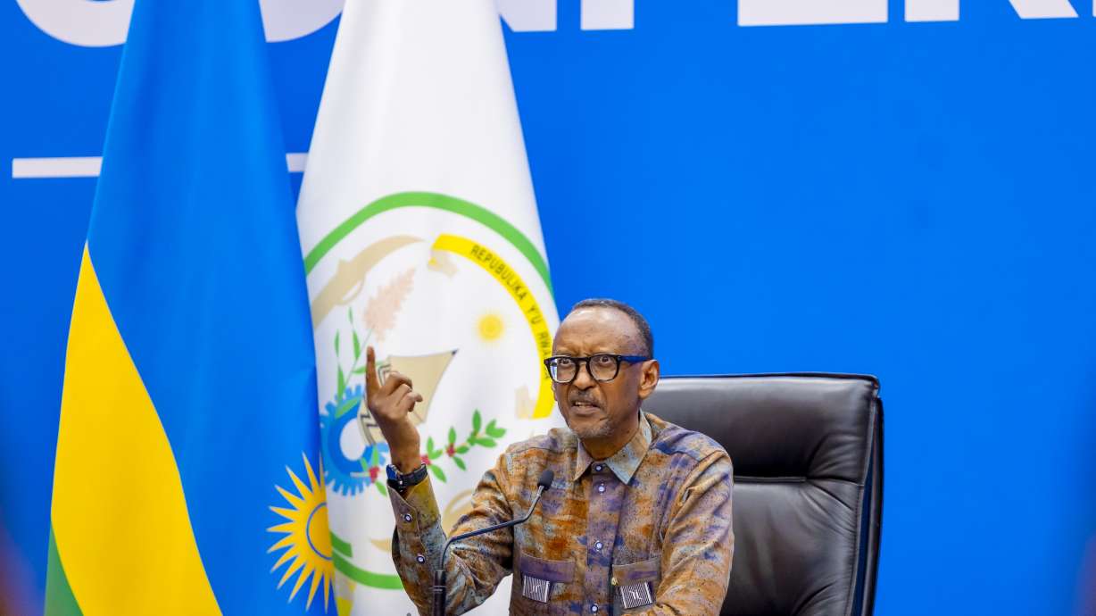 Rwanda's President Paul Kagame gives a press conference at Kigali Convention Centre to urge Congolese authorities to negotiate with a violent rebel group that has seized key towns in eastern Congo in recent days, in Kigali, Rwanda, Thursday, Jan. 9, 2025.