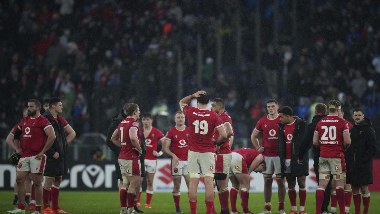 Wale's Teddy Williams, center, reacts after being defeated during the Six Nations rugby union match between Italy and Wales at the Olympic Stadium in Roma, Italy, Saturday, Feb. 8, 2025.