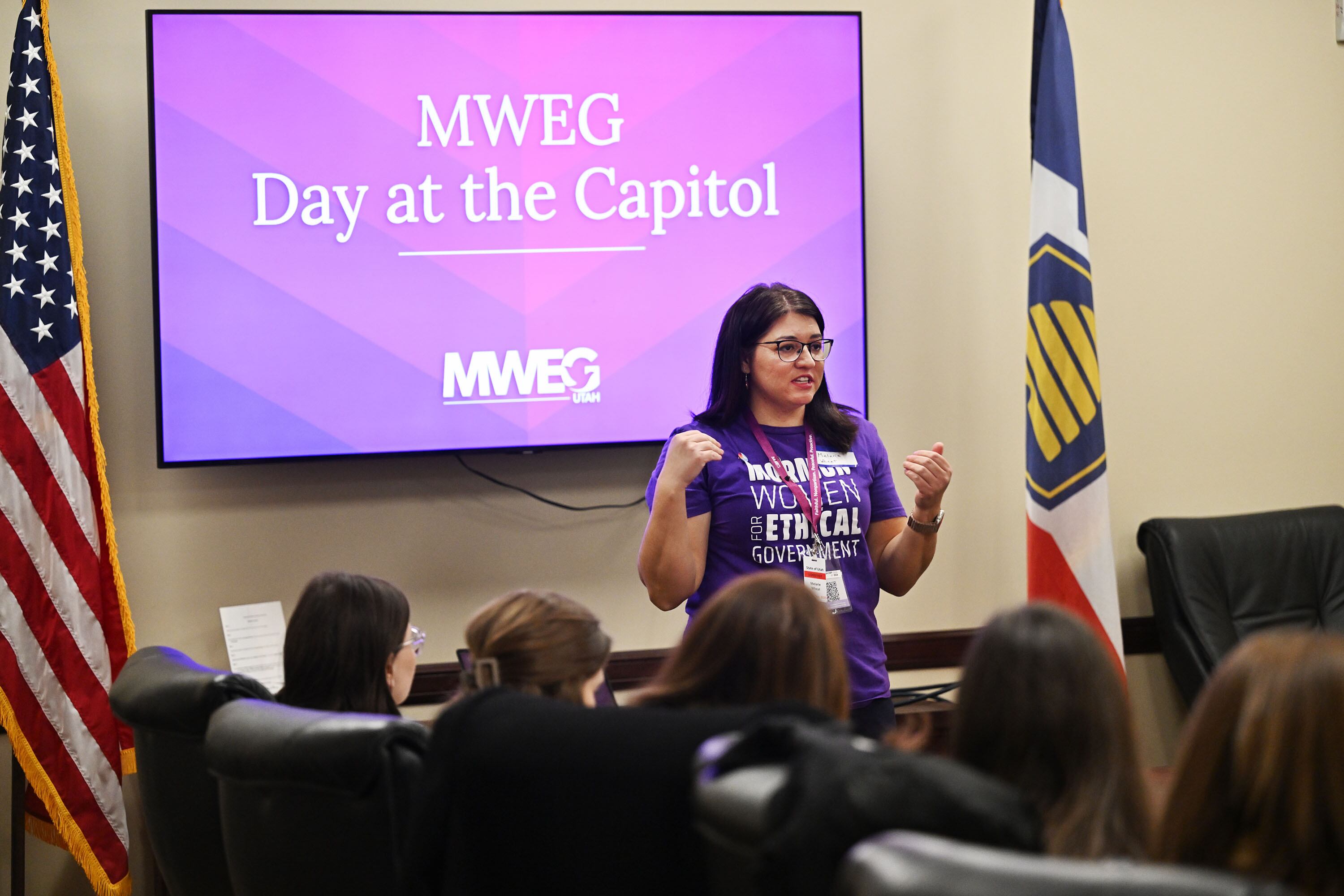 Melanie Wheat, Utah advocacy coordinator for Mormon Women for Ethical Government, speaks to the group at the Capitol in Salt Lake City on Jan. 27.