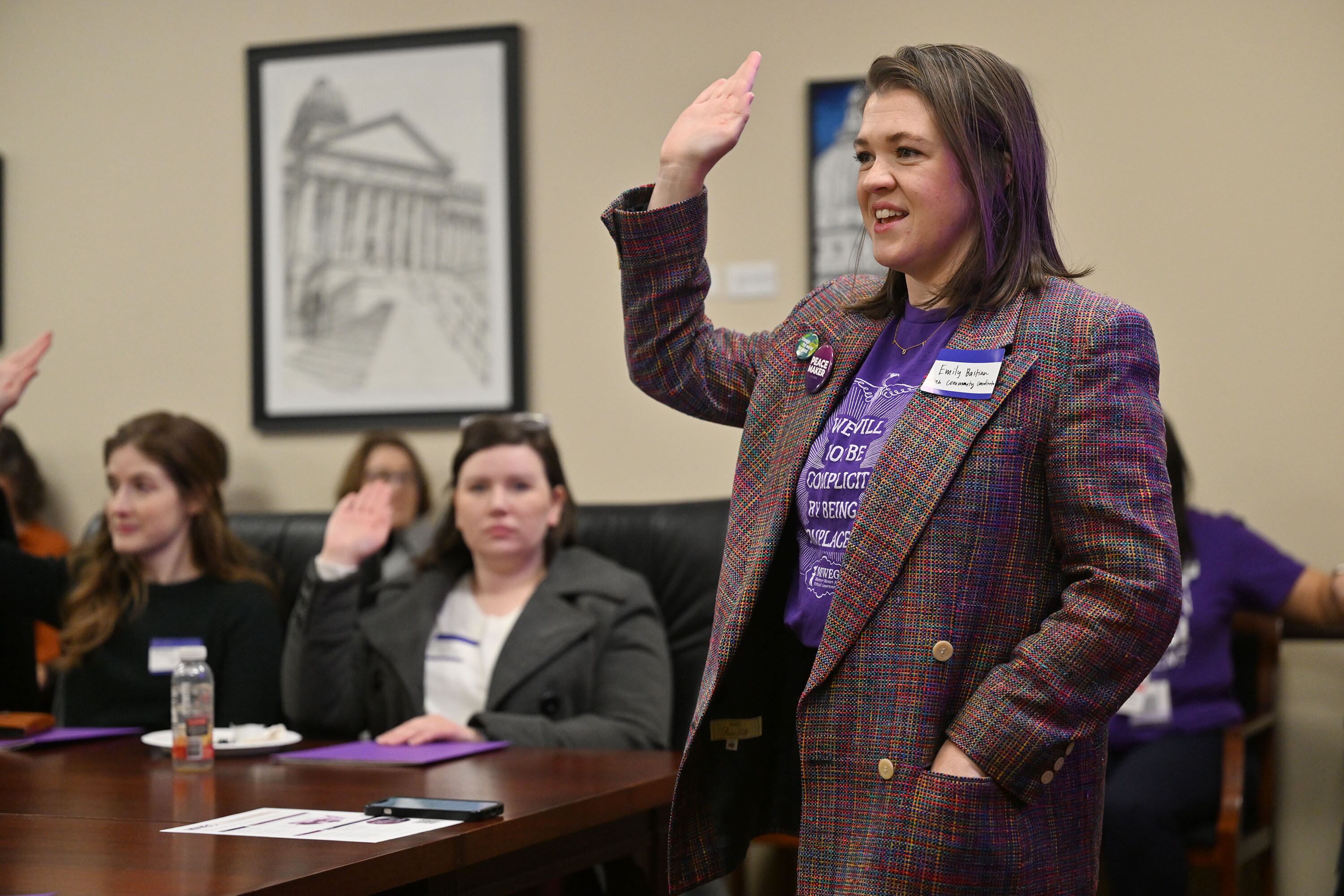 Emily Bastian, Utah community coordinator for Mormon Women for Ethical Government, talks as she and others meet for an educational program for Mormon Women for Ethical Government members that included a Legislative 101 presentation, a discussion on engaging in the legislative process and insights from invited lawmakers at the Capitol in Salt Lake City on Jan. 27.