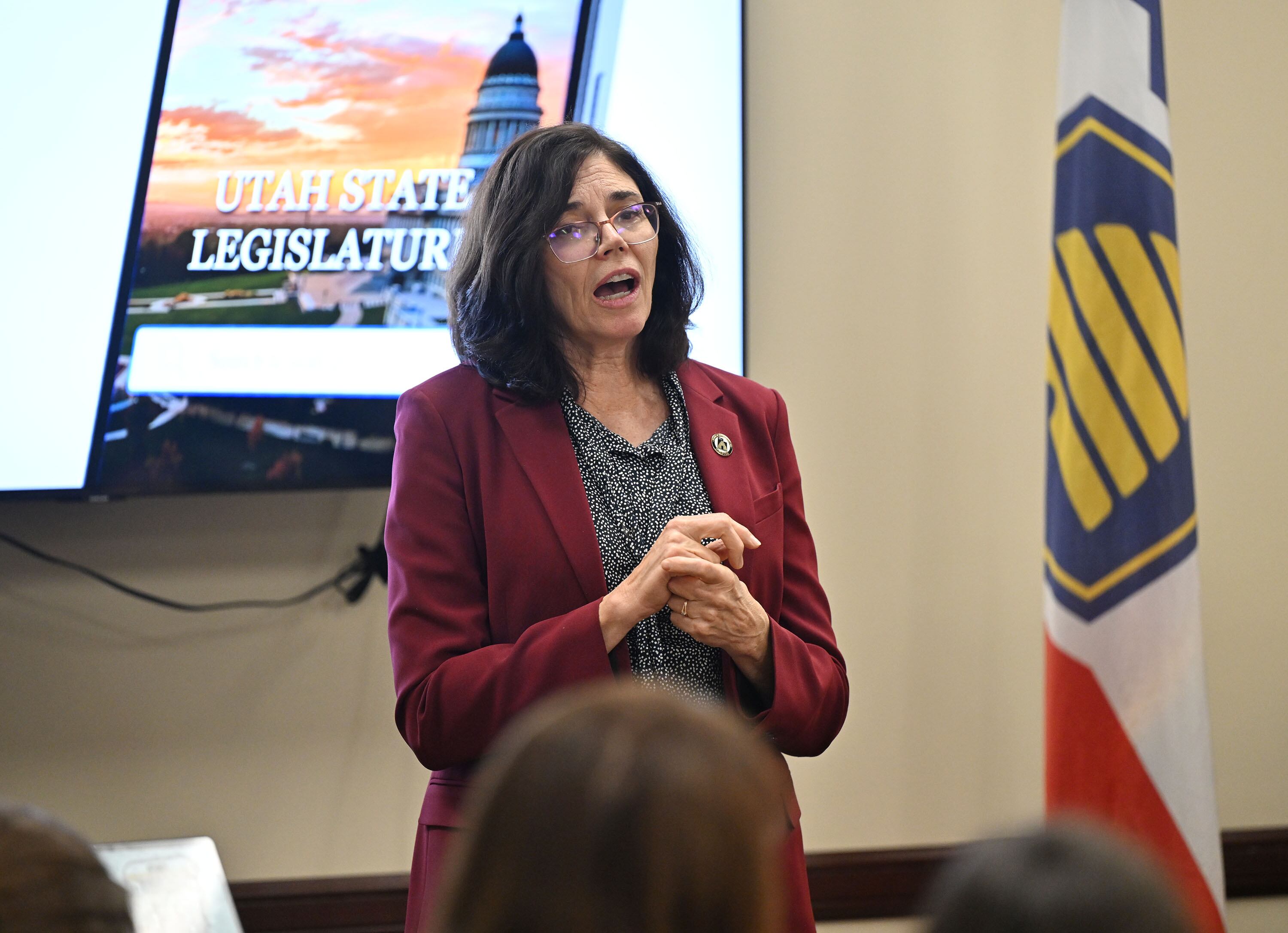 Rep. Gay Lynn Bennion, D-Cottonwood Heights, talks with a group from Mormon Women for Ethical Government as they meet for an educational program for members that included a Legislative 101 presentation, a discussion on engaging in the legislative process and insights from invited lawmakers at the Capitol in Salt Lake City on Jan. 27.