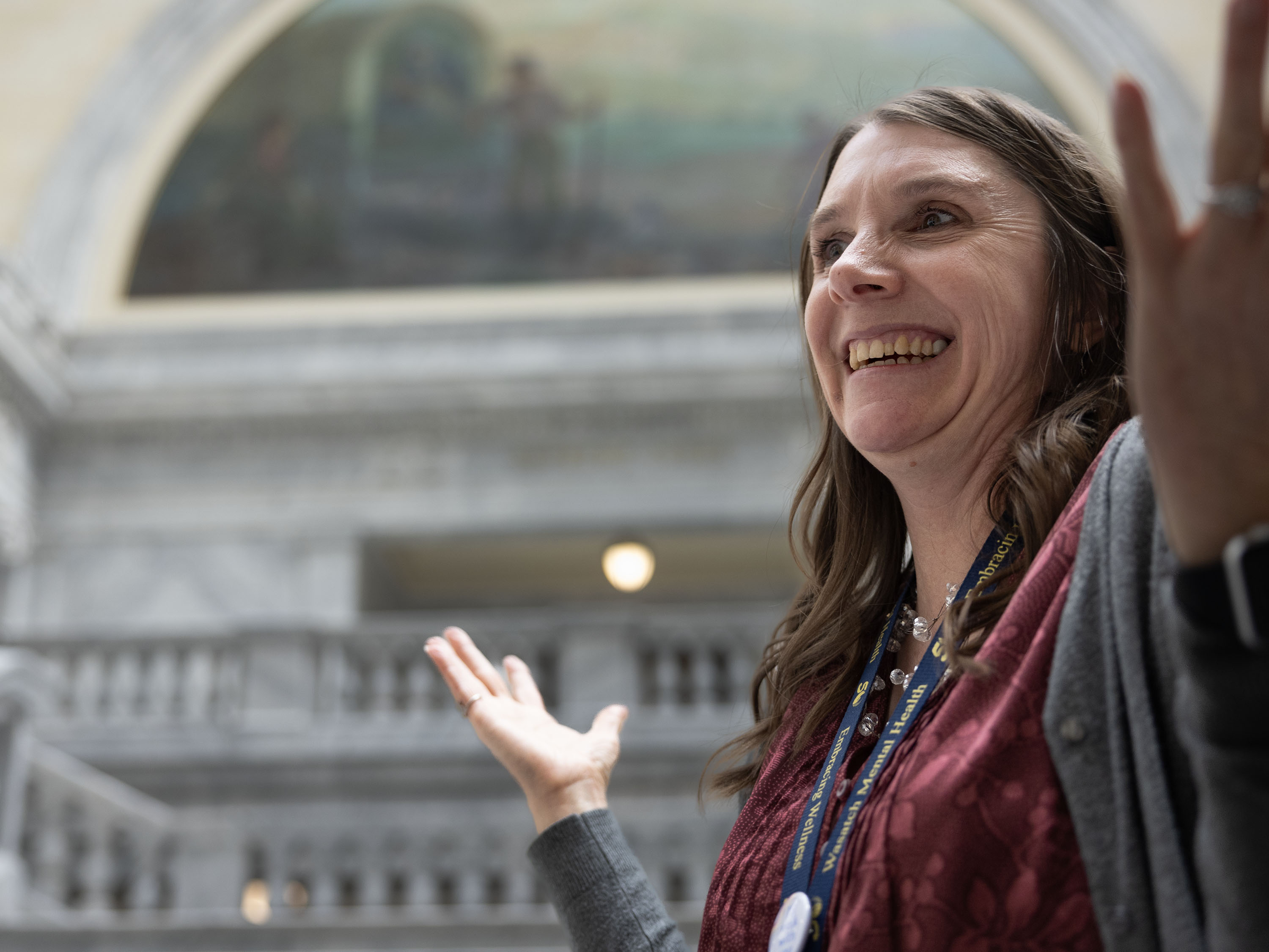 Audra Rhodes is asked how she spells “Utahn” at the Capitol in Salt Lake City on Thursday. Sen. Daniel McCay, R-Riverton, has introduced a bill which would officially give people from Utah the nickname Utahns, not Utahans.