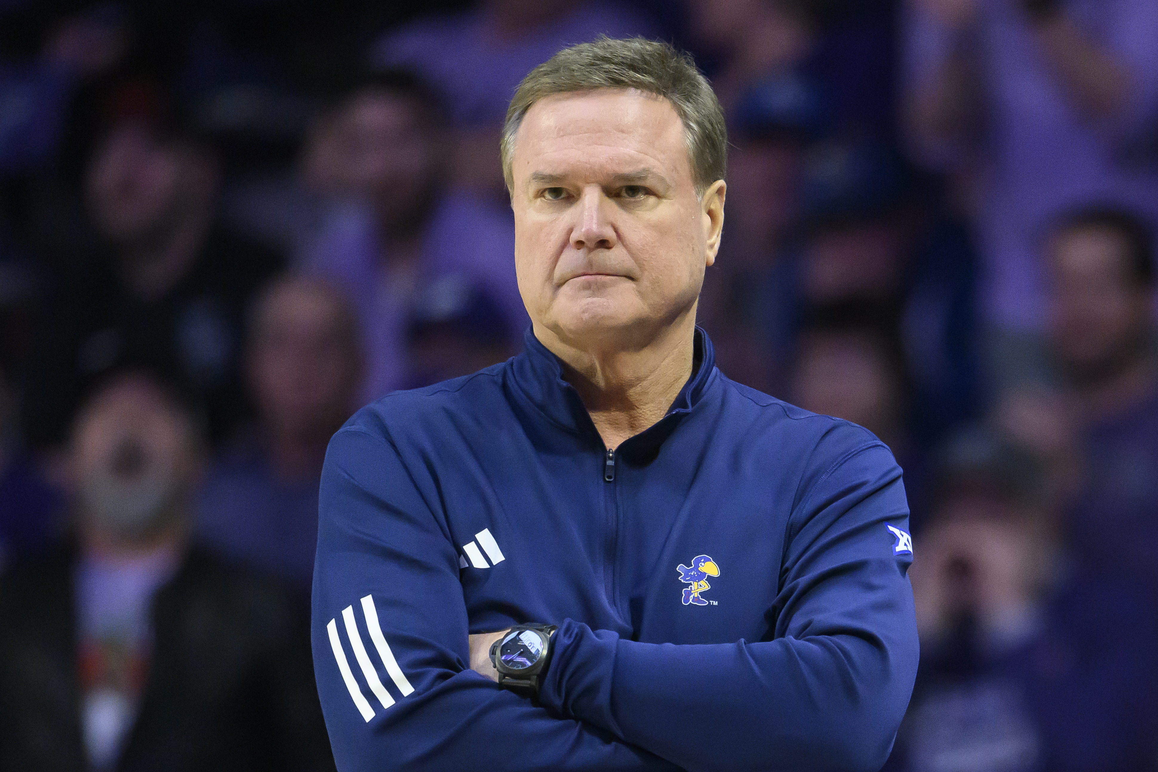 Kansas head coach Bill Self watches his team play against Kansas State during the first half of an NCAA college basketball game in Manhattan, Kan., Saturday, Feb. 8, 2025.