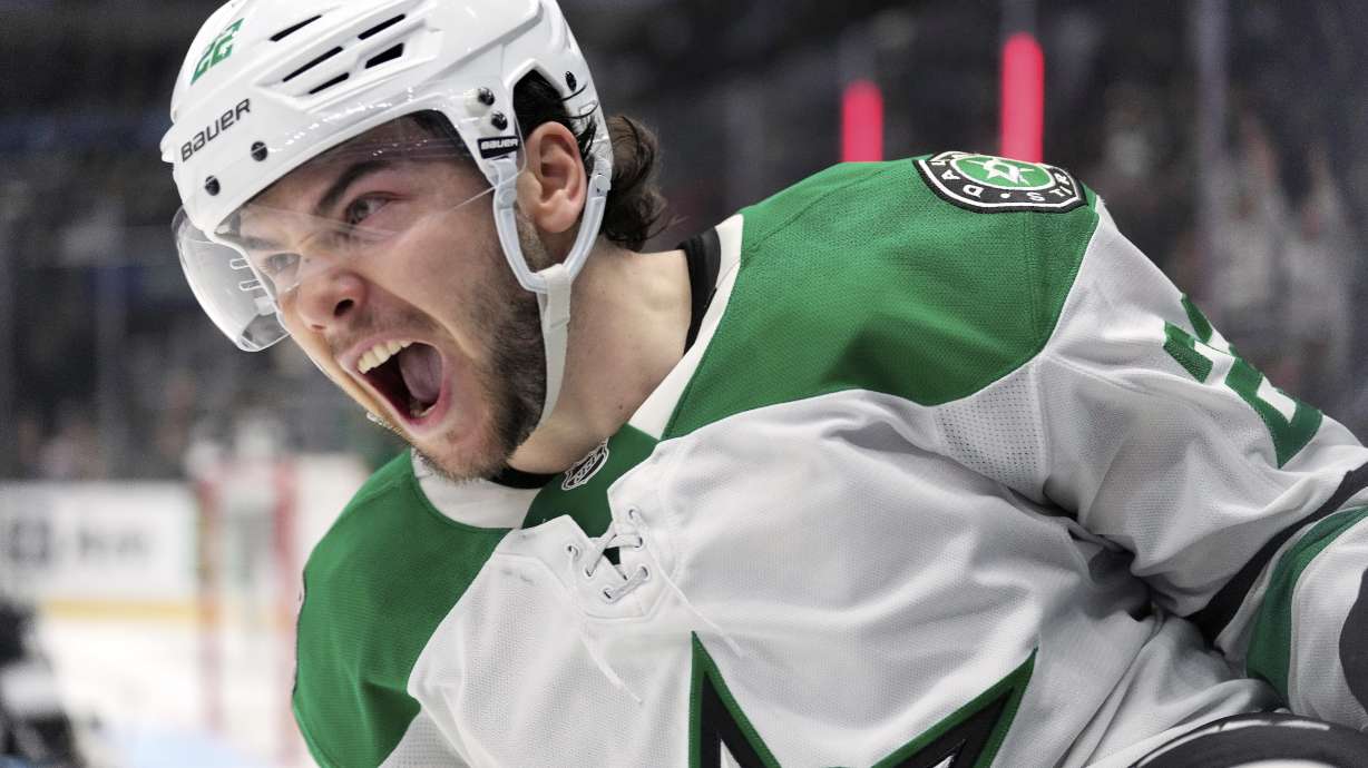 Dallas Stars center Mavrik Bourque celebrates after scoring during the third period of an NHL hockey game against the Los Angeles Kings, Friday, Feb. 7, 2025, in Los Angeles.