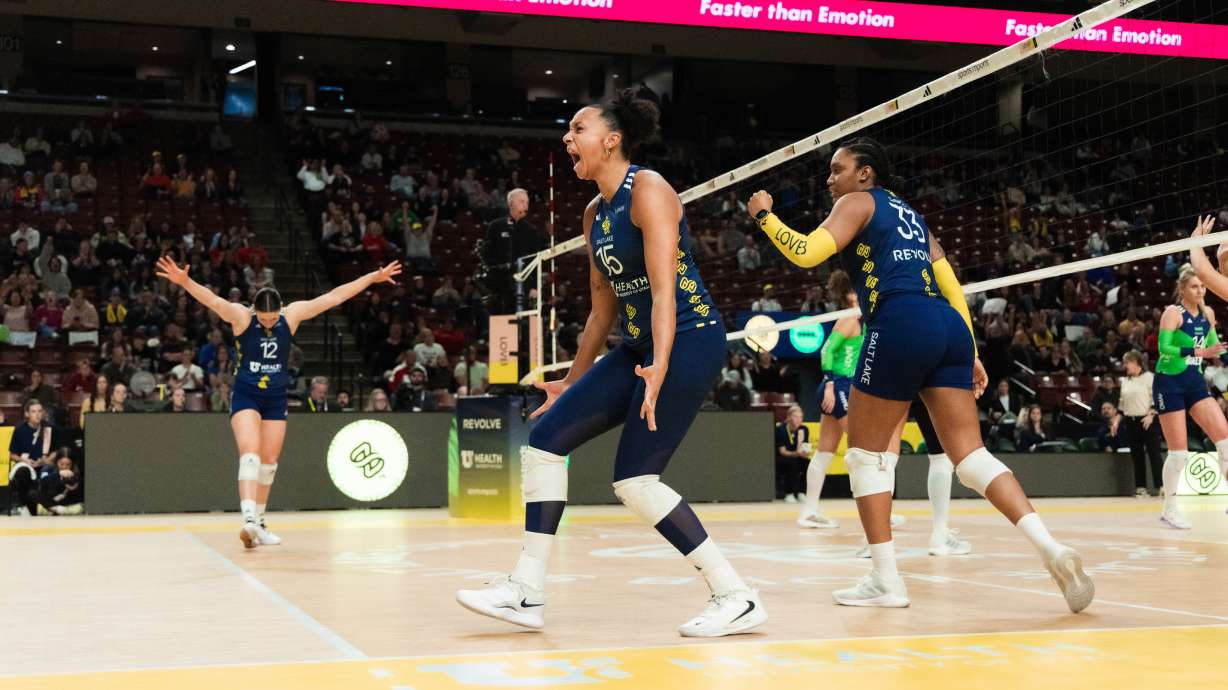 LOVB Salt Lake middle blocker Haleigh Washington celebrates a point against LOVB Omaha during a League One Volleyball match, Saturday, Feb. 8, 2024 at the Maverik Center in West Valley City, Utah.