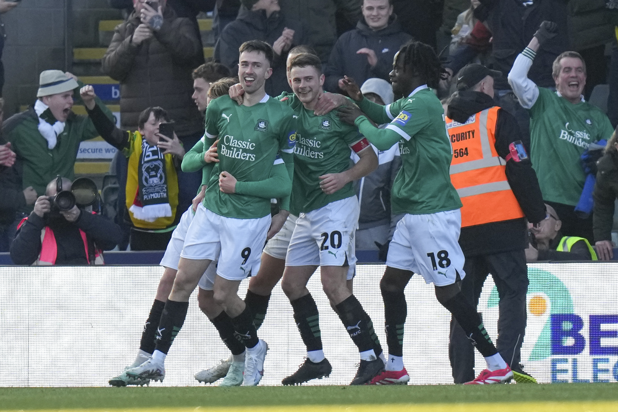 Plymouth Argyle's Ryan Hardie celebrates after scoring his side's opening goal from the penalty spot during the English FA Cup fourth round soccer match between Plymouth Argyle and Liverpool at Home Park stadium in Plymouth, England, Sunday, Feb. 9, 2025.