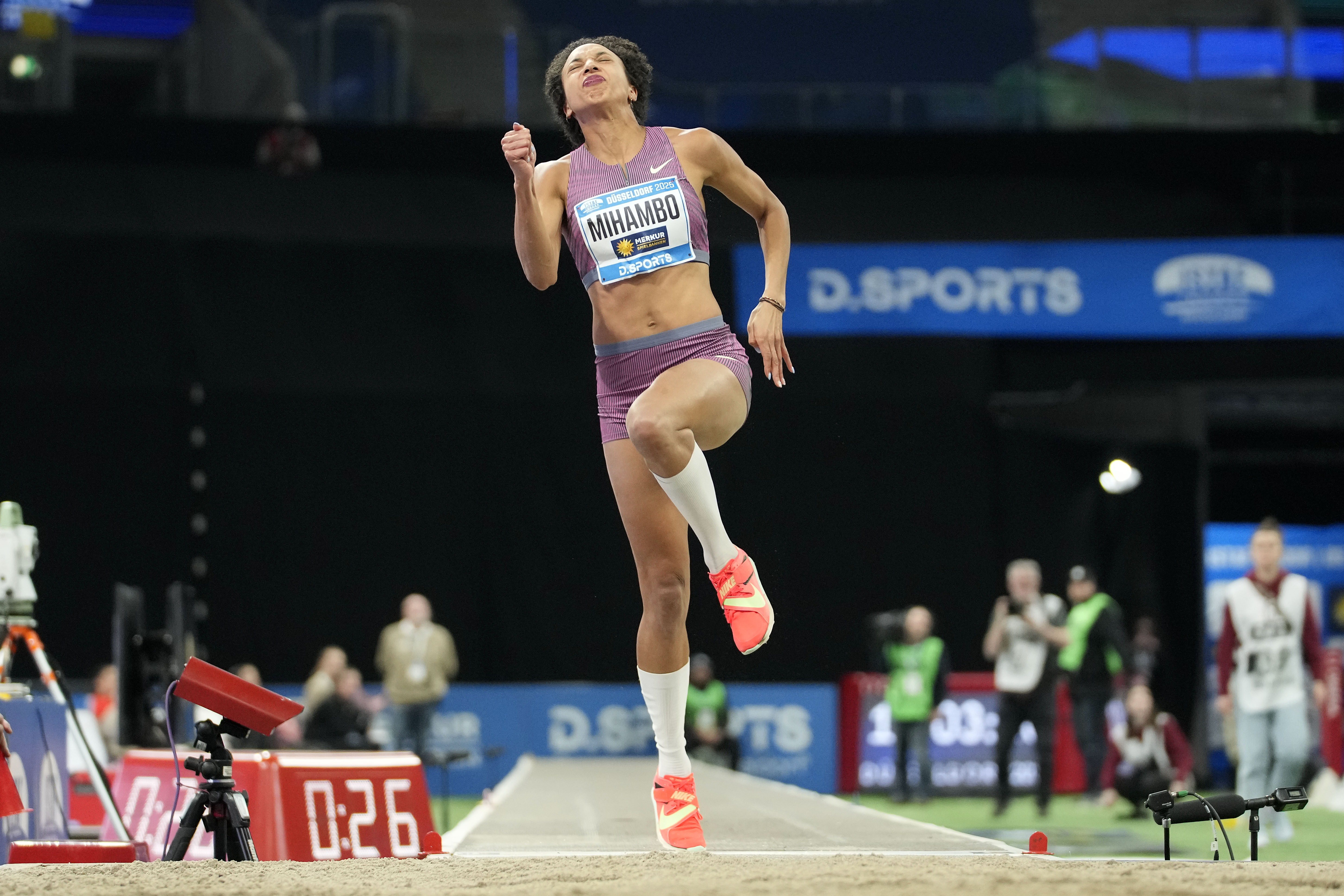 Olympic champion Malaika Mihambo of Germany jumps from the new look 40 centimetres Take-Off Zone, developed by World Athletics to reduce the number of invalid jumps during the long jump competition at the ISTAF athletics indoor meeting in Duesseldorf, Germany, Sunday, Feb. 9, 2025.