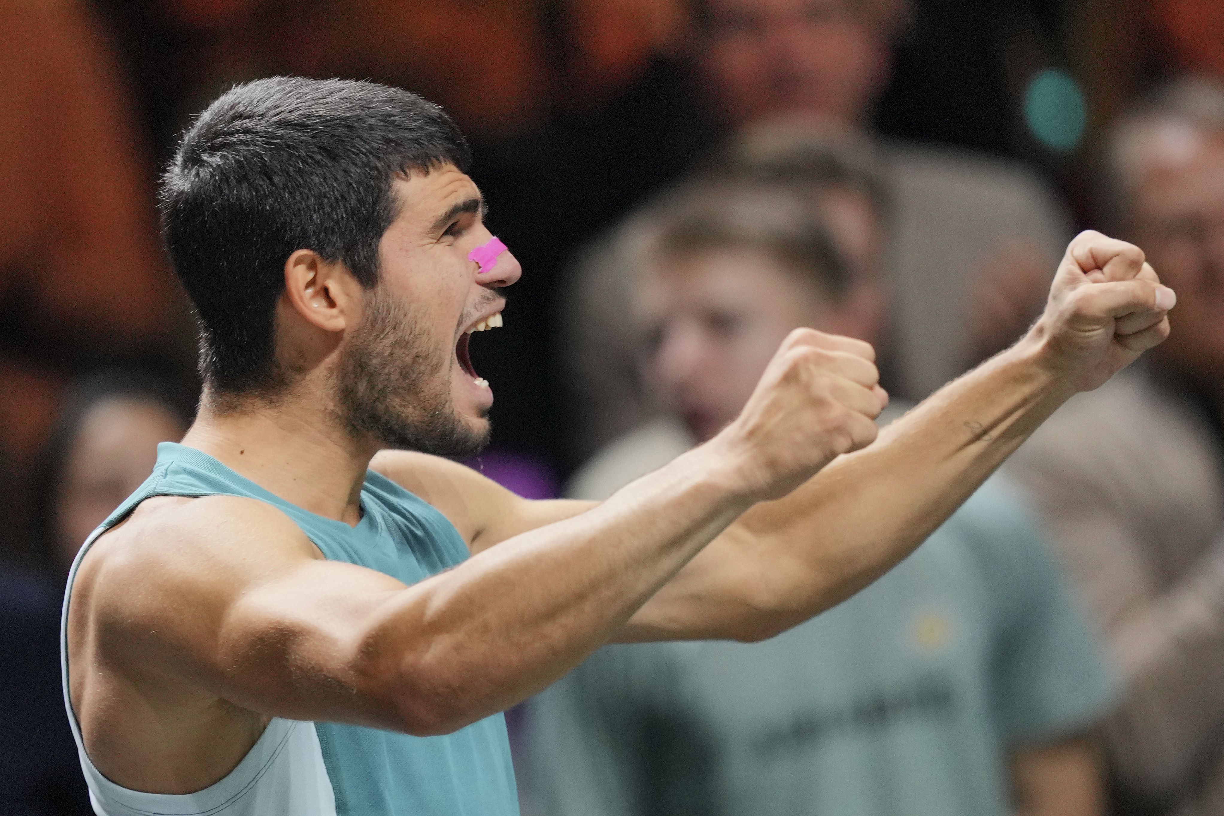 Spain's Carlos Alcaraz celebrates as he won the final match against Australia's Alex de Minaur at the ABN AMRO Tennis Tournament in Rotterdam, Netherlands, Sunday, Feb. 9, 2025.