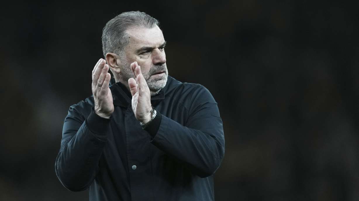 Tottenham's head coach Ange Postecoglou celebrates after the Europa League opening phase soccer match between Tottenham Hotspur and Elfsborg at the Tottenham Hotspur stadium in London, Thursday, Jan. 30, 2025.