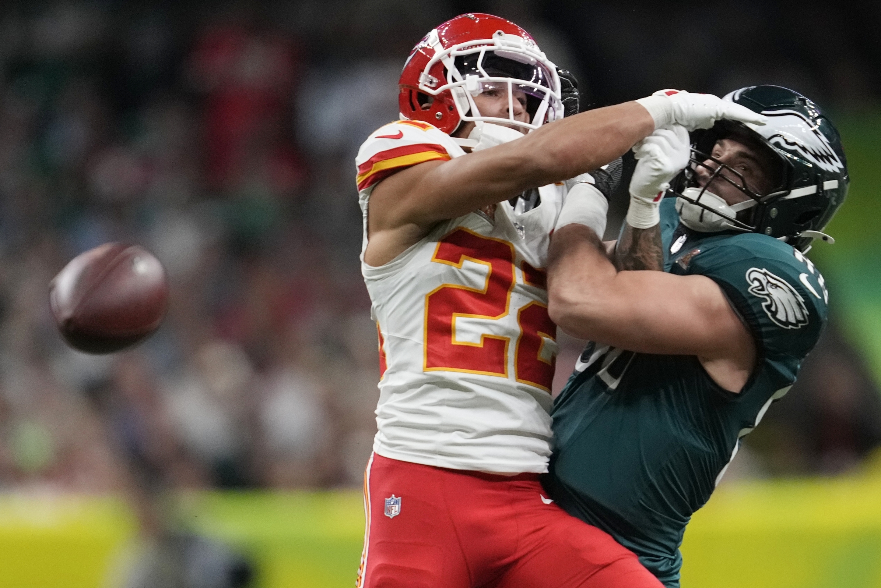 Kansas City Chiefs cornerback Trent McDuffie (22) breaks up a pass intended for Philadelphia Eagles tight end Dallas Goedert during the first half of the NFL Super Bowl 59 football game, Sunday, Feb. 9, 2025, in New Orleans.