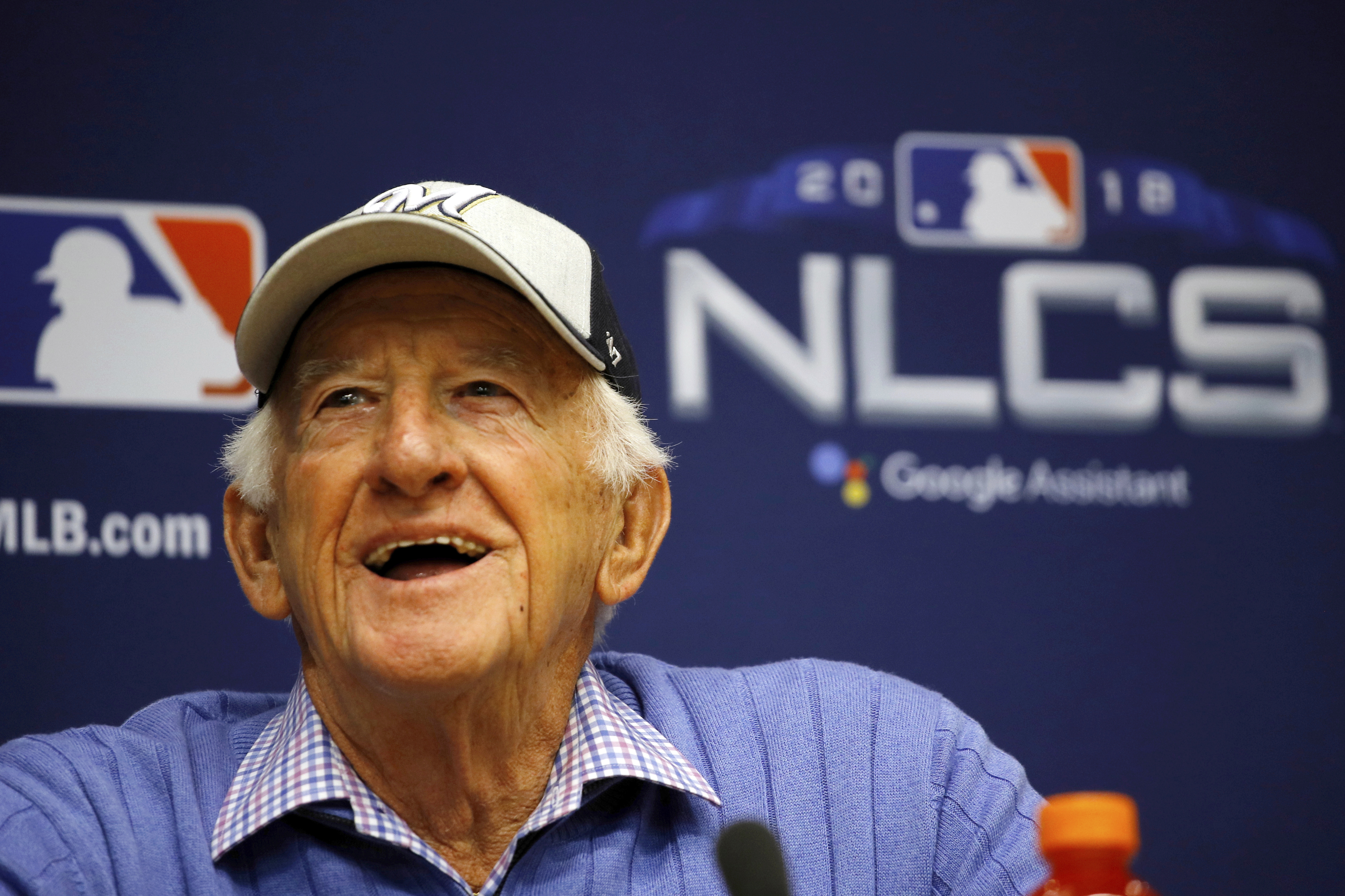 FILE- Milwaukee Brewers sportscaster Bob Uecker speaks at a baseball news conference Friday, Oct. 12, 2018, in Milwaukee.