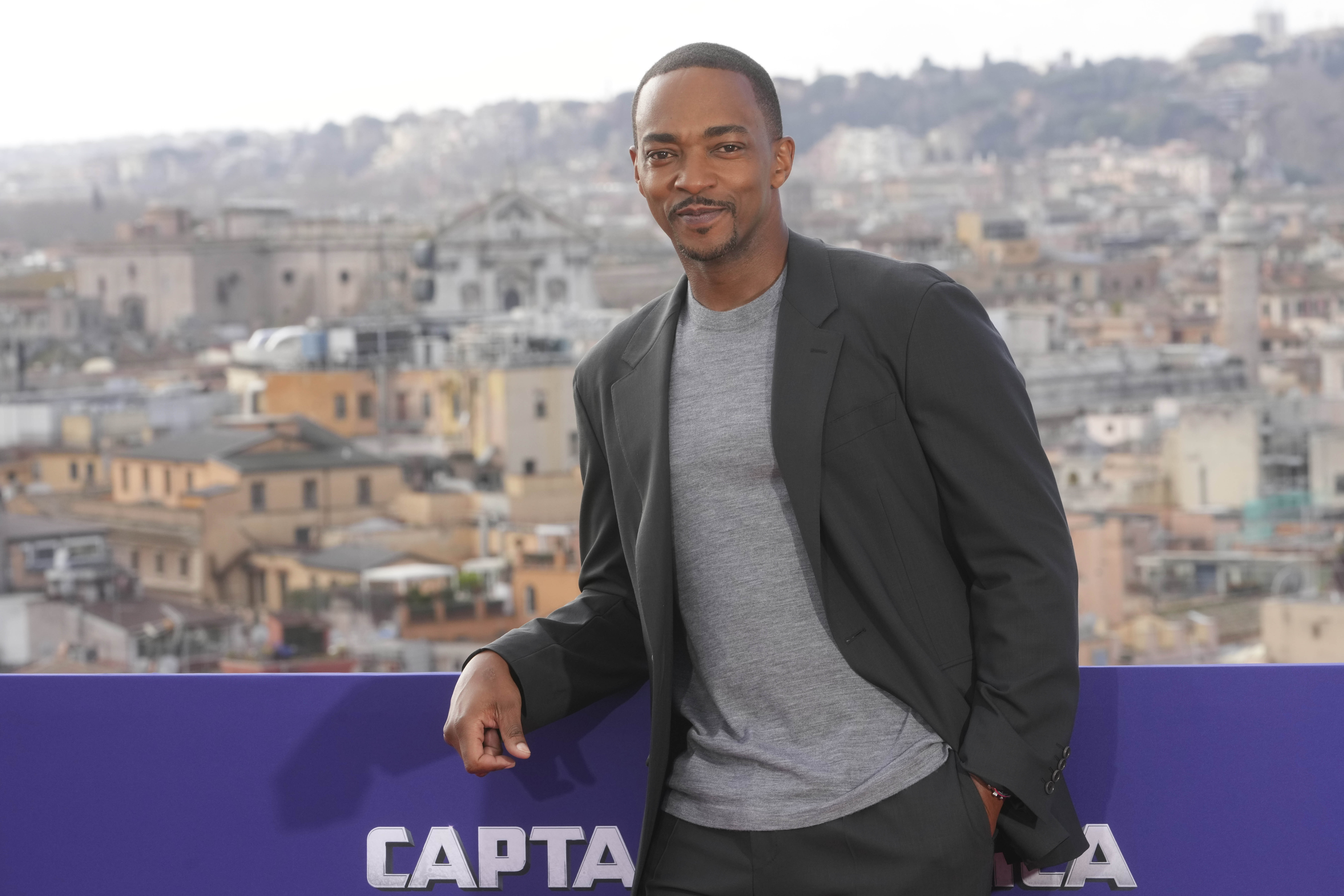 Anthony Mackie poses during the photo call for the movie 'Captain America: Brave New World' in Rome, Monday, Jan. 27, 2025. 