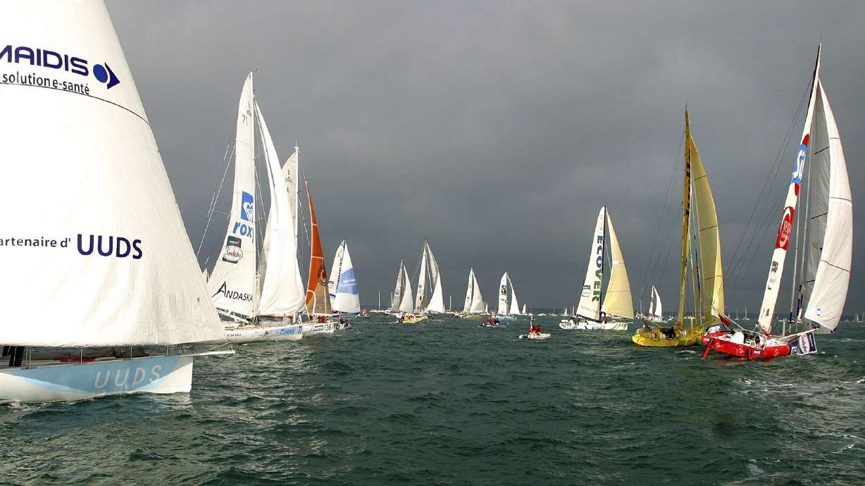 FILE - Yachts take part at the start of the Vendee Globe Challenge round-the-world solo sailing race at Les Sables D'Olonne, western France, Nov. 7, 2004.