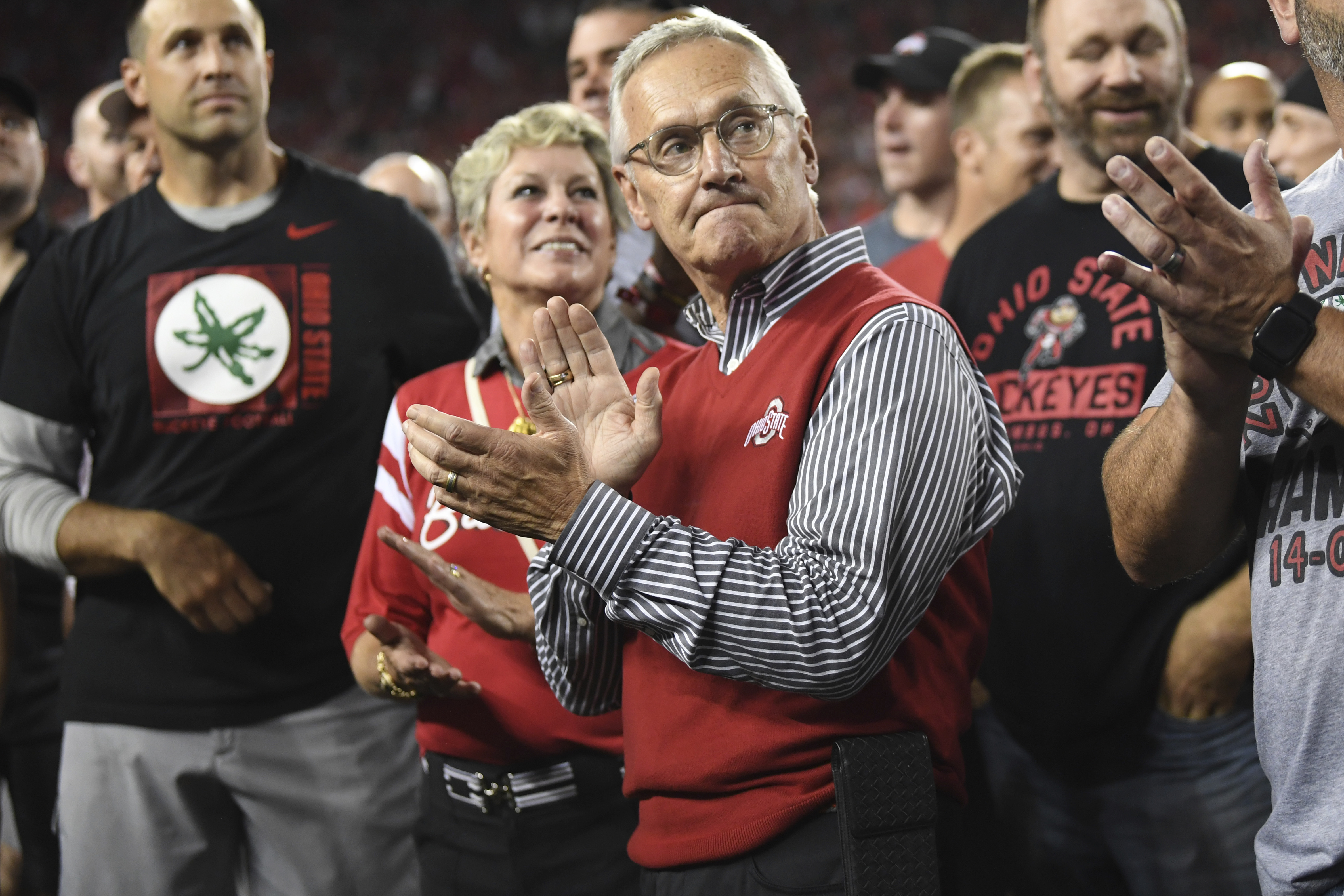 FILE - Former Ohio State head coach Jim Tressel watches a scoreboard tribute for the 2002 national championship team during the second quarter of an NCAA college football game between Notre Dame and Ohio State, Saturday, Sept. 3, 2022, in Columbus, Ohio.