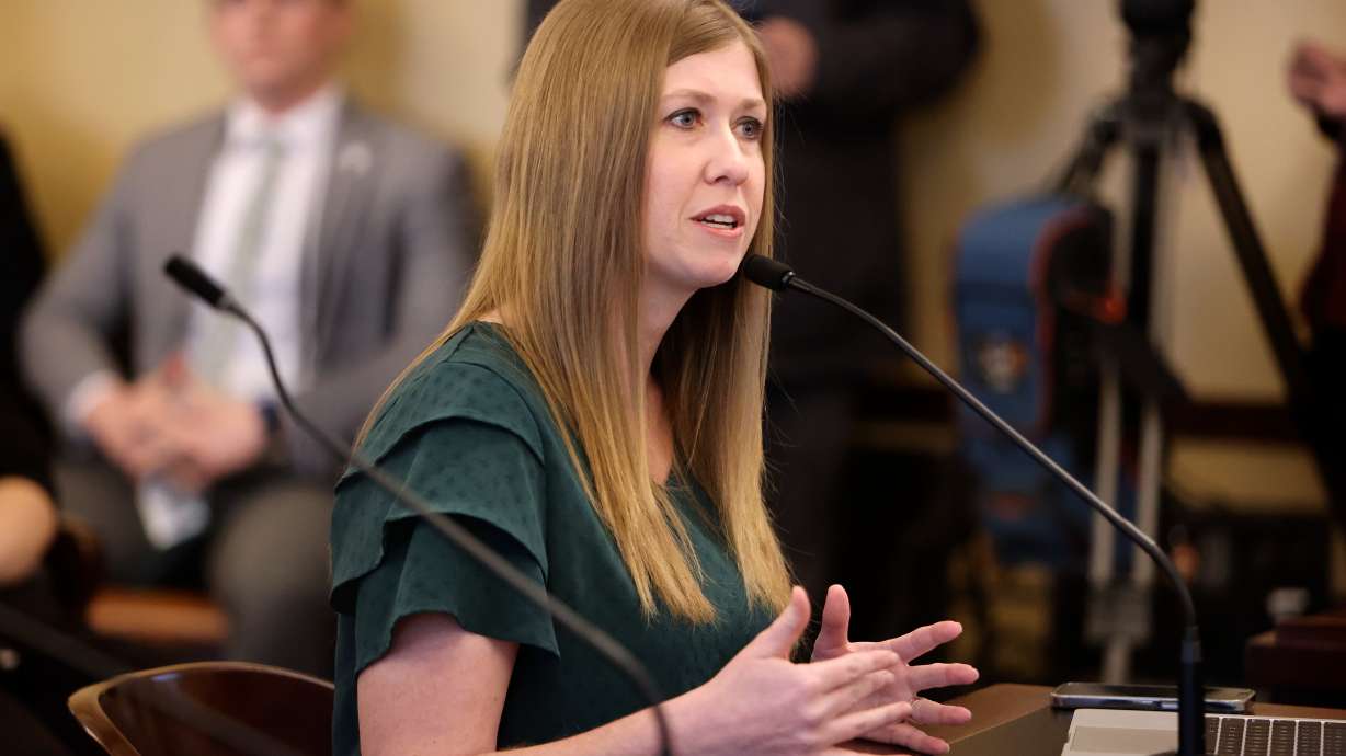 Rep. Stephanie Gricius, R-Eagle Mountian, presents HB269 at the Capitol in Salt Lake City on Jan. 23. Lawmakers Monday gave final approval to the bill, which limits where transgender students can reside at public universities.