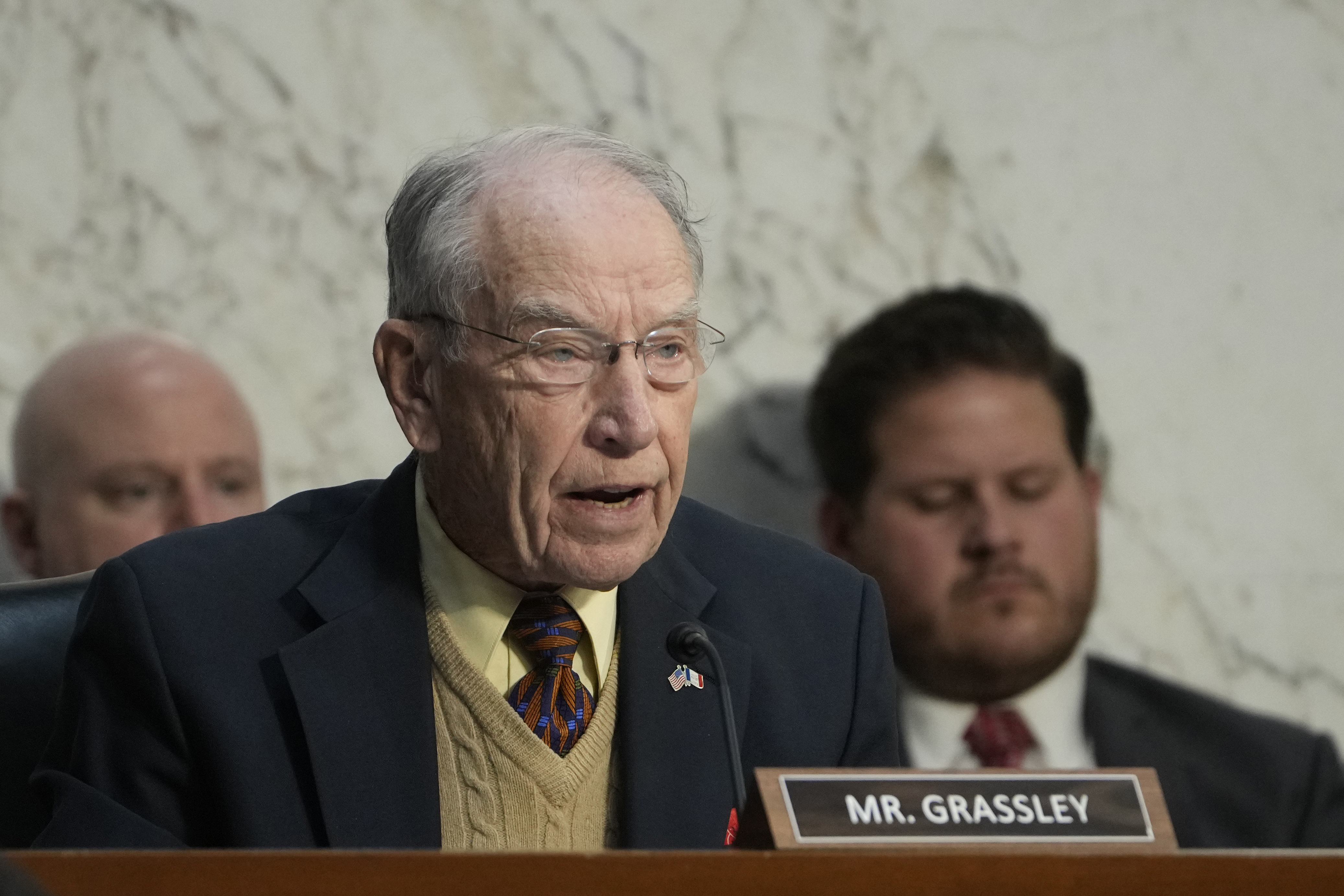 FILE - Sen. Chuck Grassley, R-Iowa, asks questions of FBI Director Christopher Wray during a Senate Judiciary Committee oversight hearing on Capitol Hill in Washington, Tuesday, Dec. 5, 2023.
