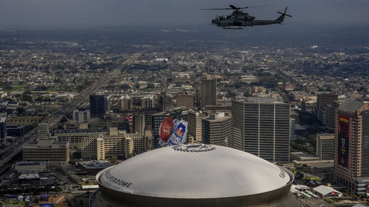 A UH-1Y Venom helicopter from Marine Light Attack Squadron 773 flies over Caesars Superdome ahead of Super Bowl 59 between the Philadelphia Eagles and the Kansas City Chiefs, Saturday, Feb. 8, 2025, in New Orleans.