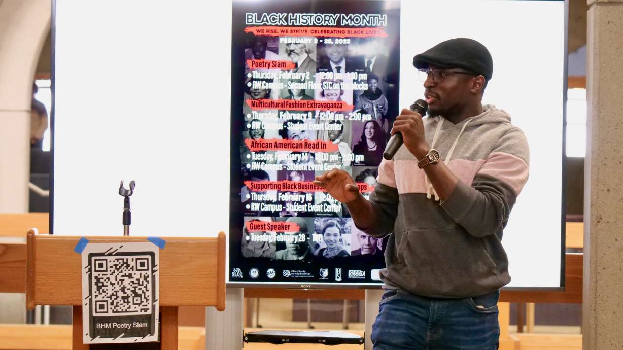 Numerous activities are set for Black History Month, which goes through February. A speaker reads a poem at Salt Lake Community College in Taylorsville during the Black Student Union Poetry Slam, a Black History Month event, on Feb. 2, 2023.