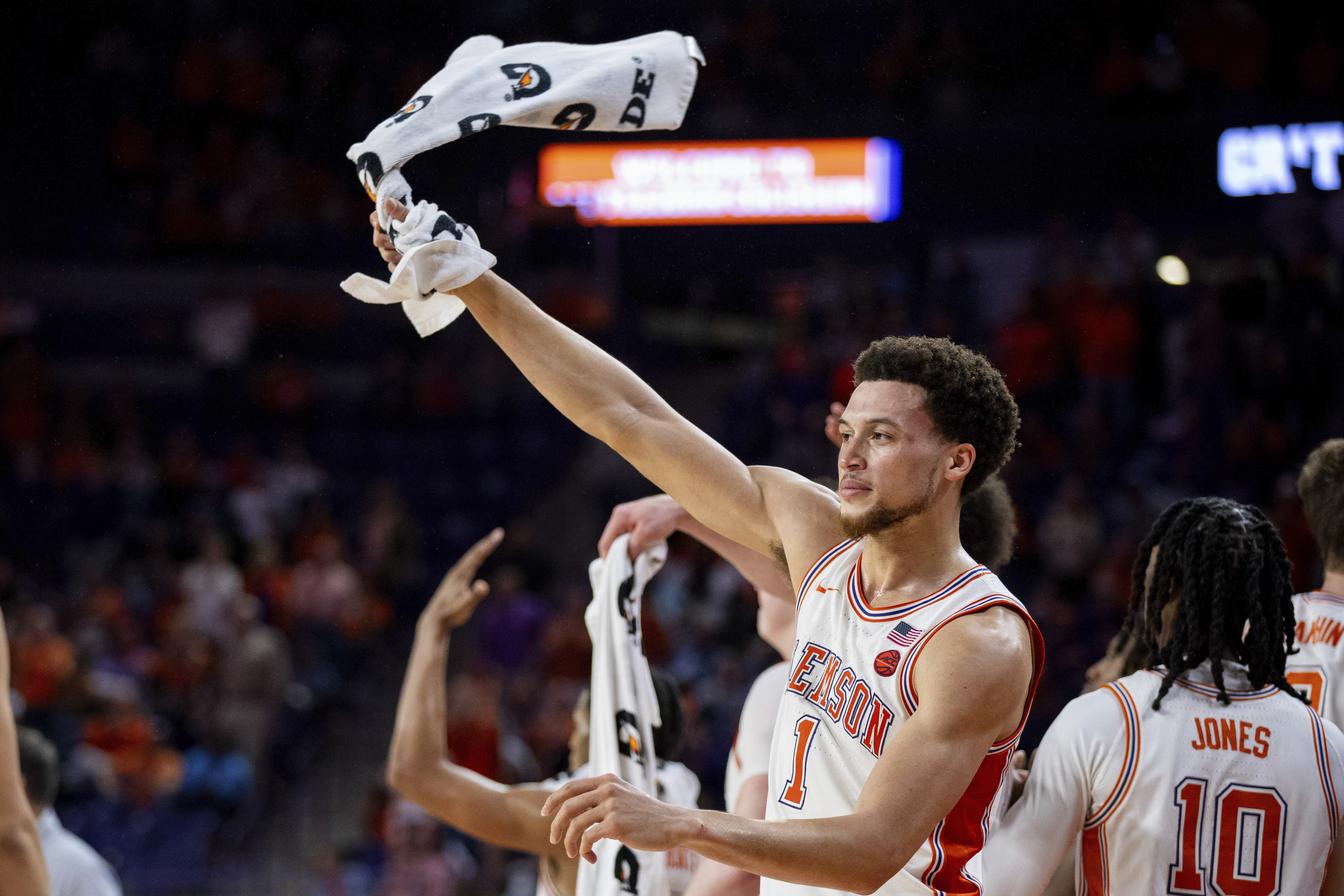 Clemson guard Chase Hunter (1) celebrates during the second half of an NCAA college basketball game against North Carolina, Monday, Feb. 10, 2025, in Clemson, S.C.