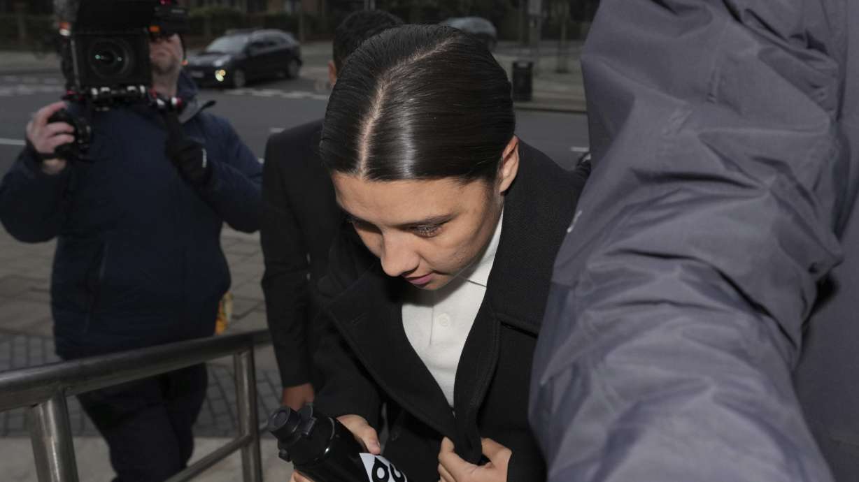 Chelsea and Australia soccer player Samantha Kerr arrives at Kingston Crown Court, in south west London, Tuesday, Feb. 11, 2025, where she is charged with alleged racially aggravated harassment of a police officer.