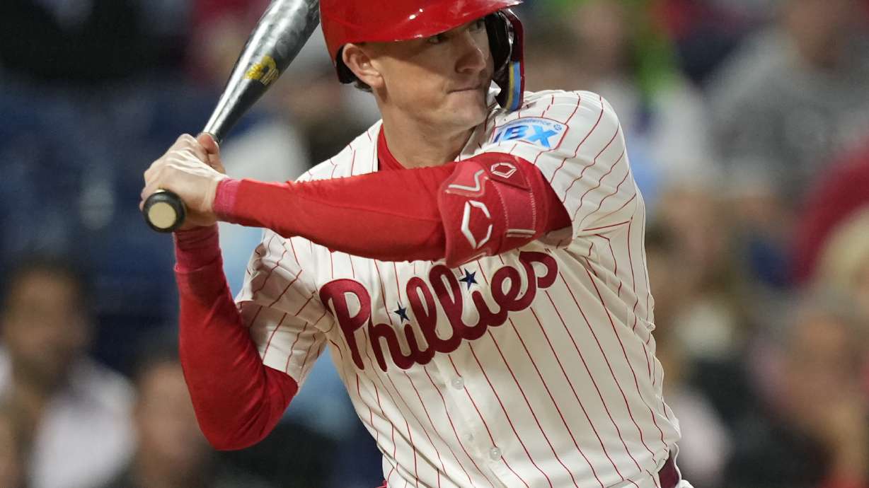 FILE - Philadelphia Phillies' Austin Hays takes an at-bat during a baseball game against the Chicago Cubs, Sept. 24, 2024, in Philadelphia.