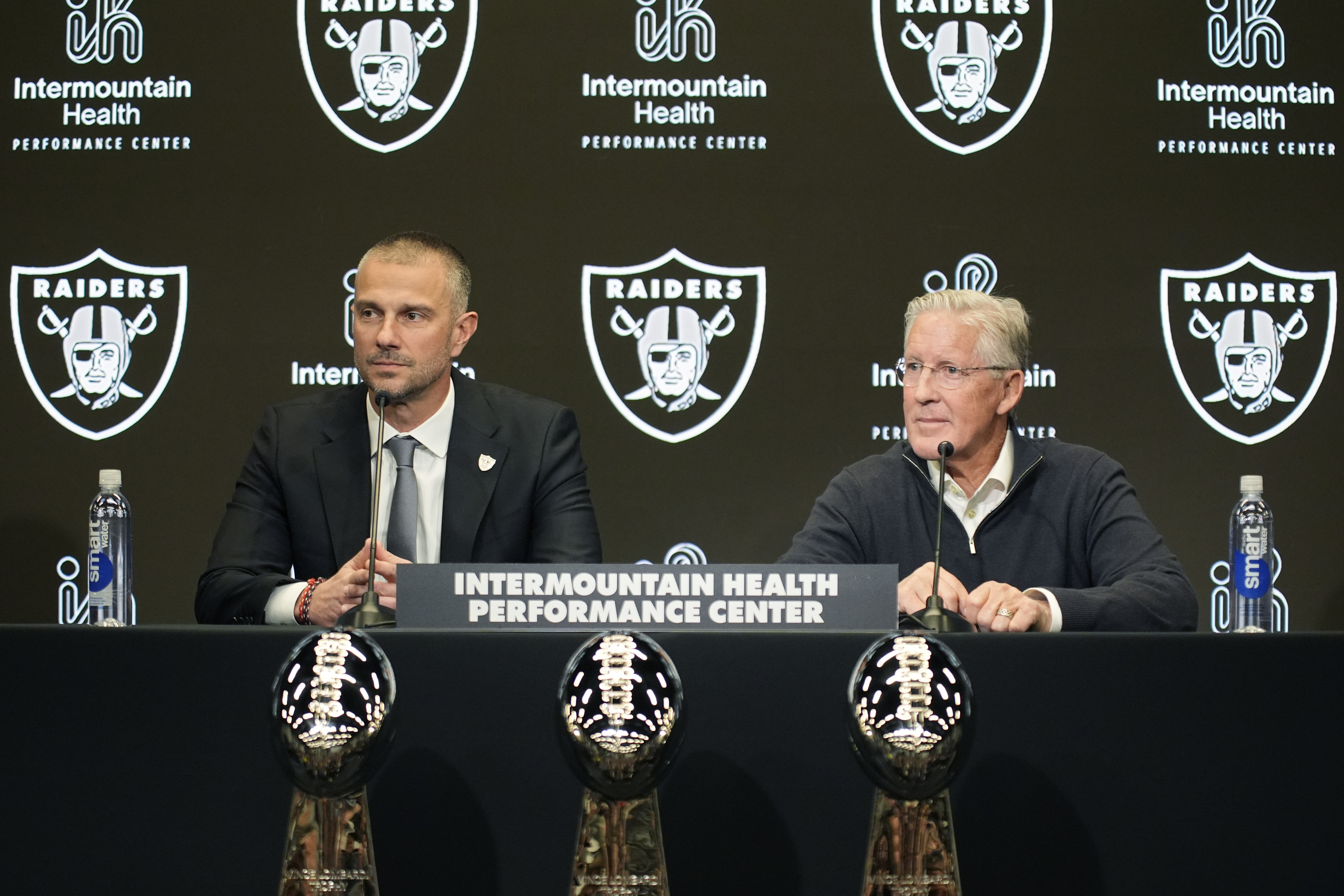 Las Vegas Raiders general manager John Spytek, left, and head coach Pete Carroll attend a news conference Monday, Jan. 27, 2025, in Henderson, Nev.